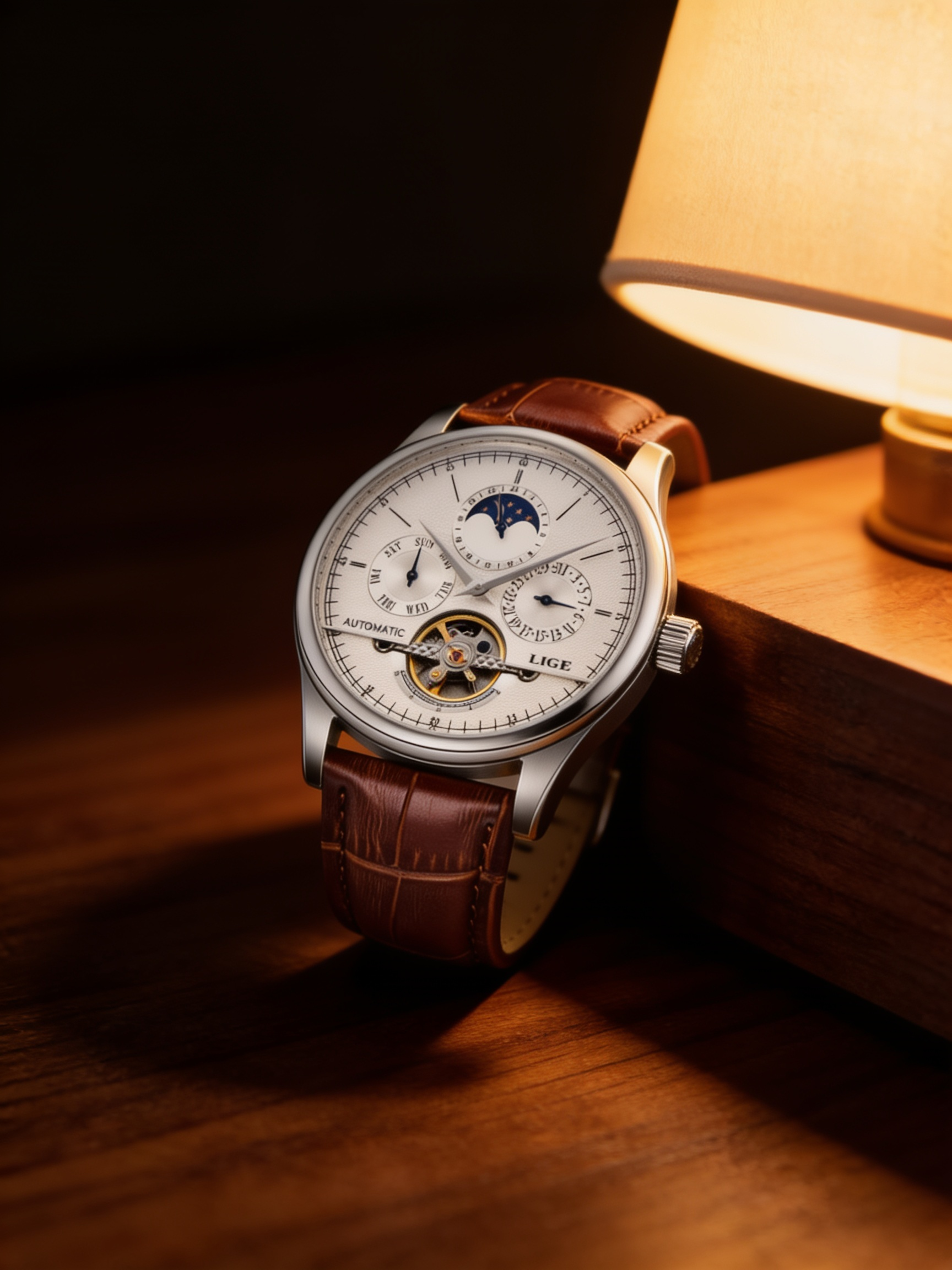 LIGE LG6826 brown-strap moonphase automatic watch on walnut desk
