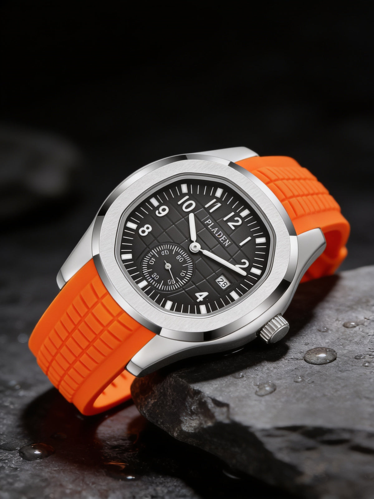 PLADEN V341 orange sport calendar watch on dark slate