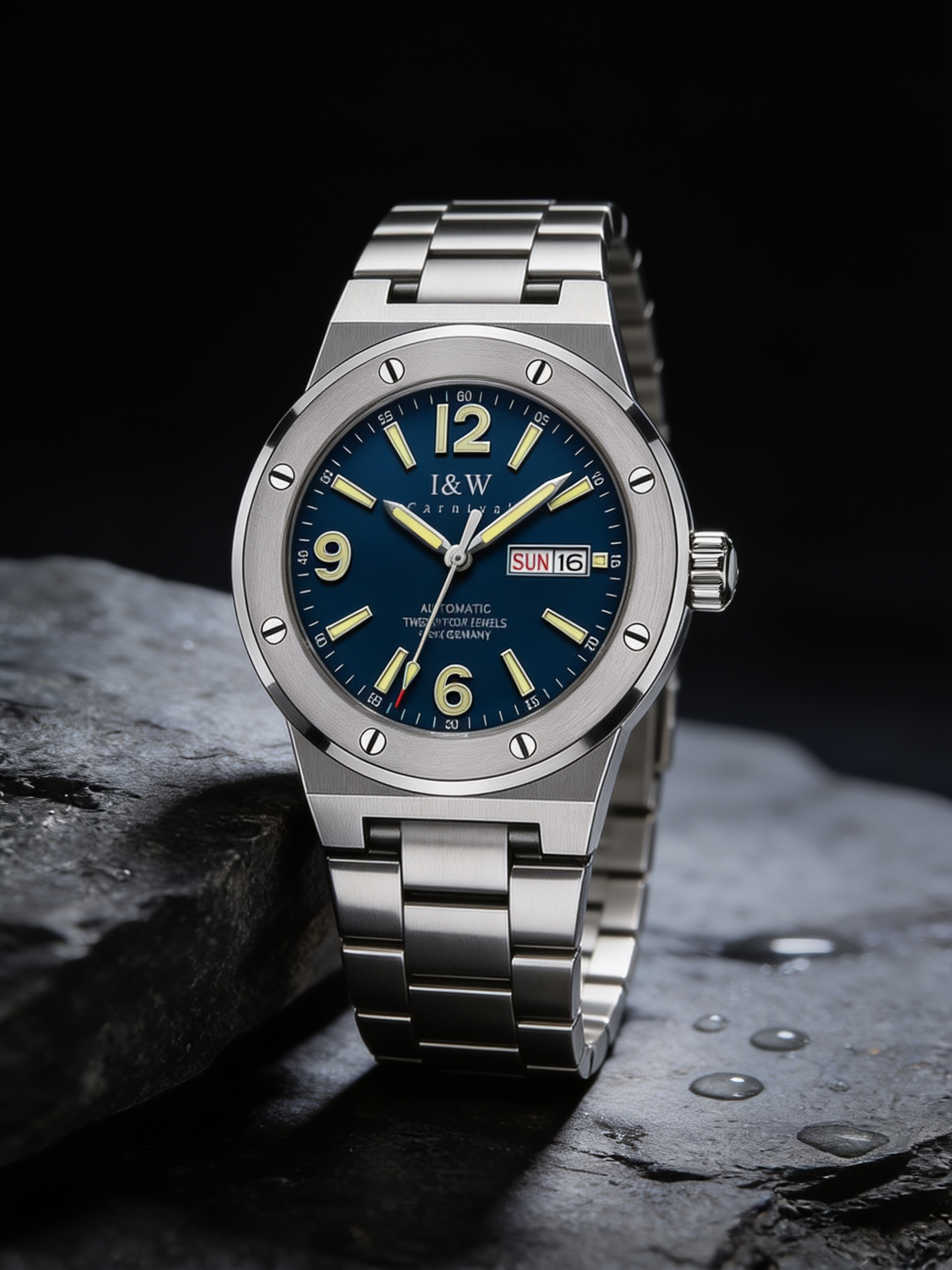 Carnival IW589G blue automatic watch on dark slate