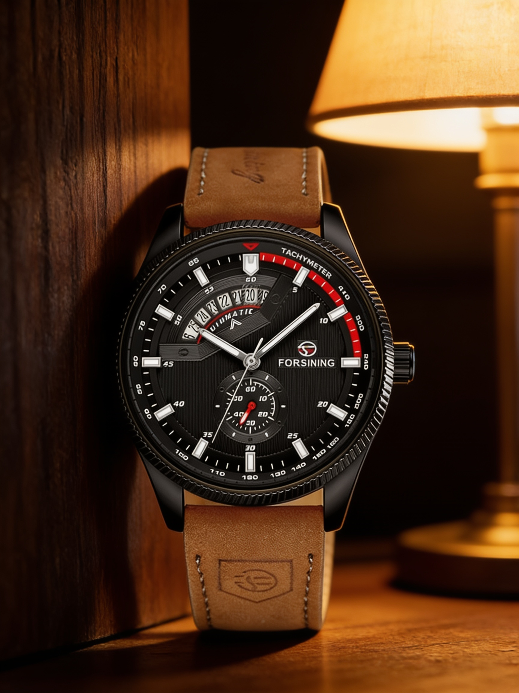 FORSINING 0226 black automatic calendar watch on a walnut desk