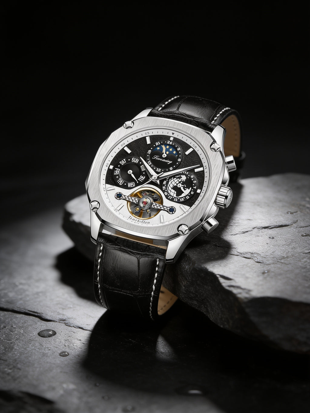 W09-B | FORSINING 338 engraved skeleton watch on dark slate