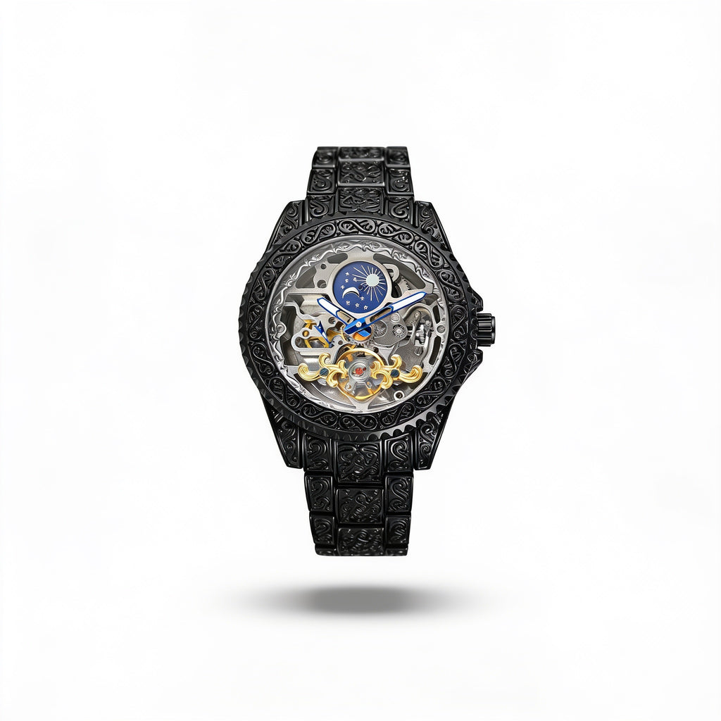 W11-A | FORSINING 378A black moon-and-stars skeleton watch studio hero