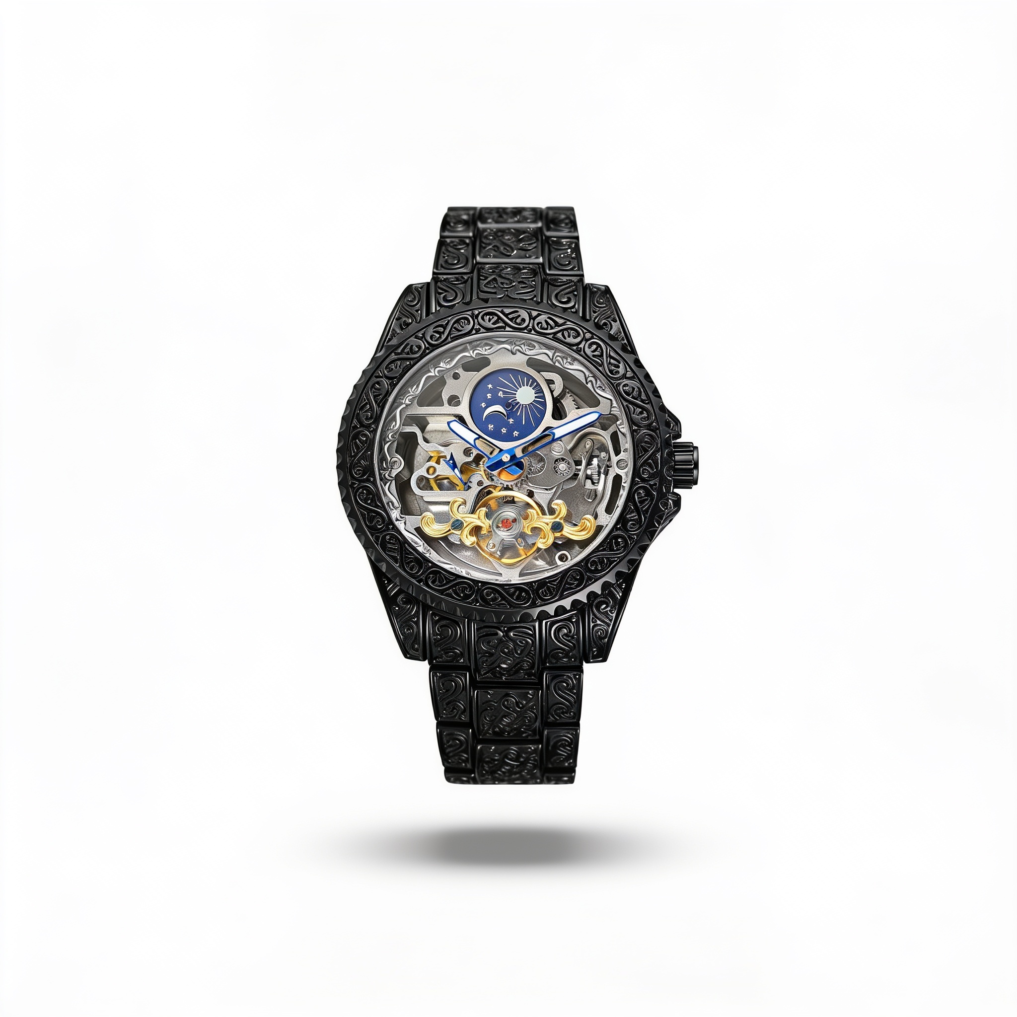 W11-A | FORSINING 378A black moon-and-stars skeleton watch studio hero