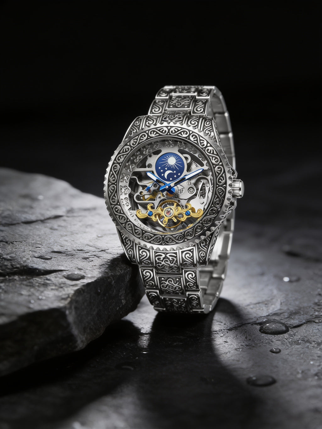 W11-B | FORSINING 378A silver engraved skeleton watch on dark slate