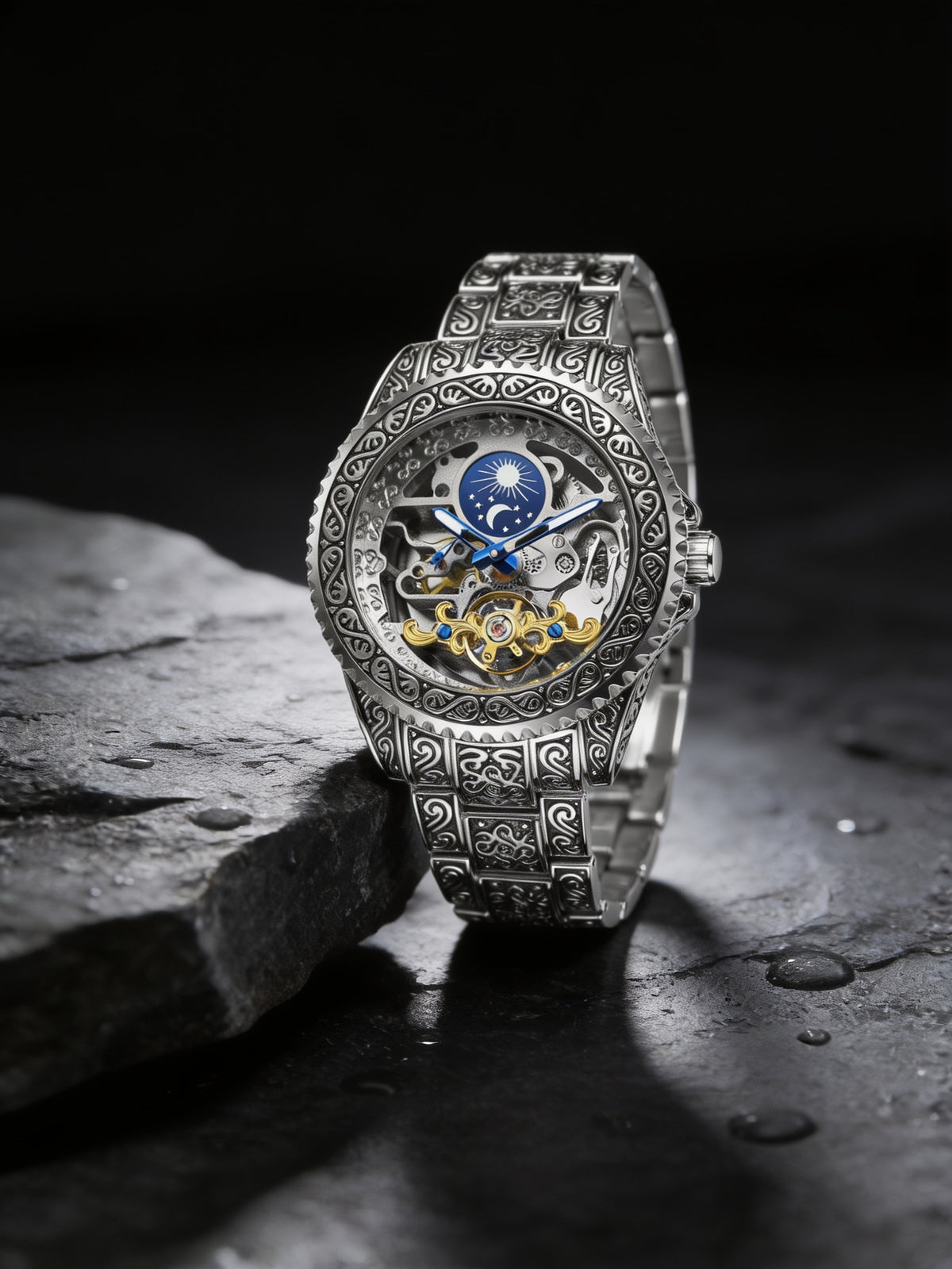 W11-B | FORSINING 378A silver engraved skeleton watch on dark slate