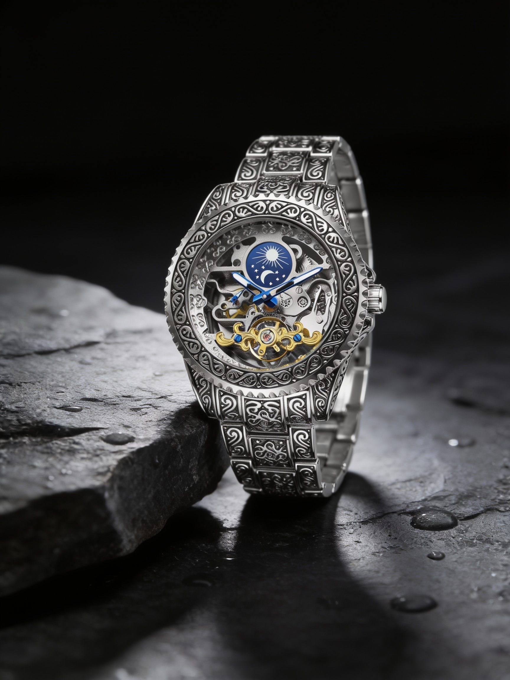 W11-B | FORSINING 378A silver engraved skeleton watch on dark slate