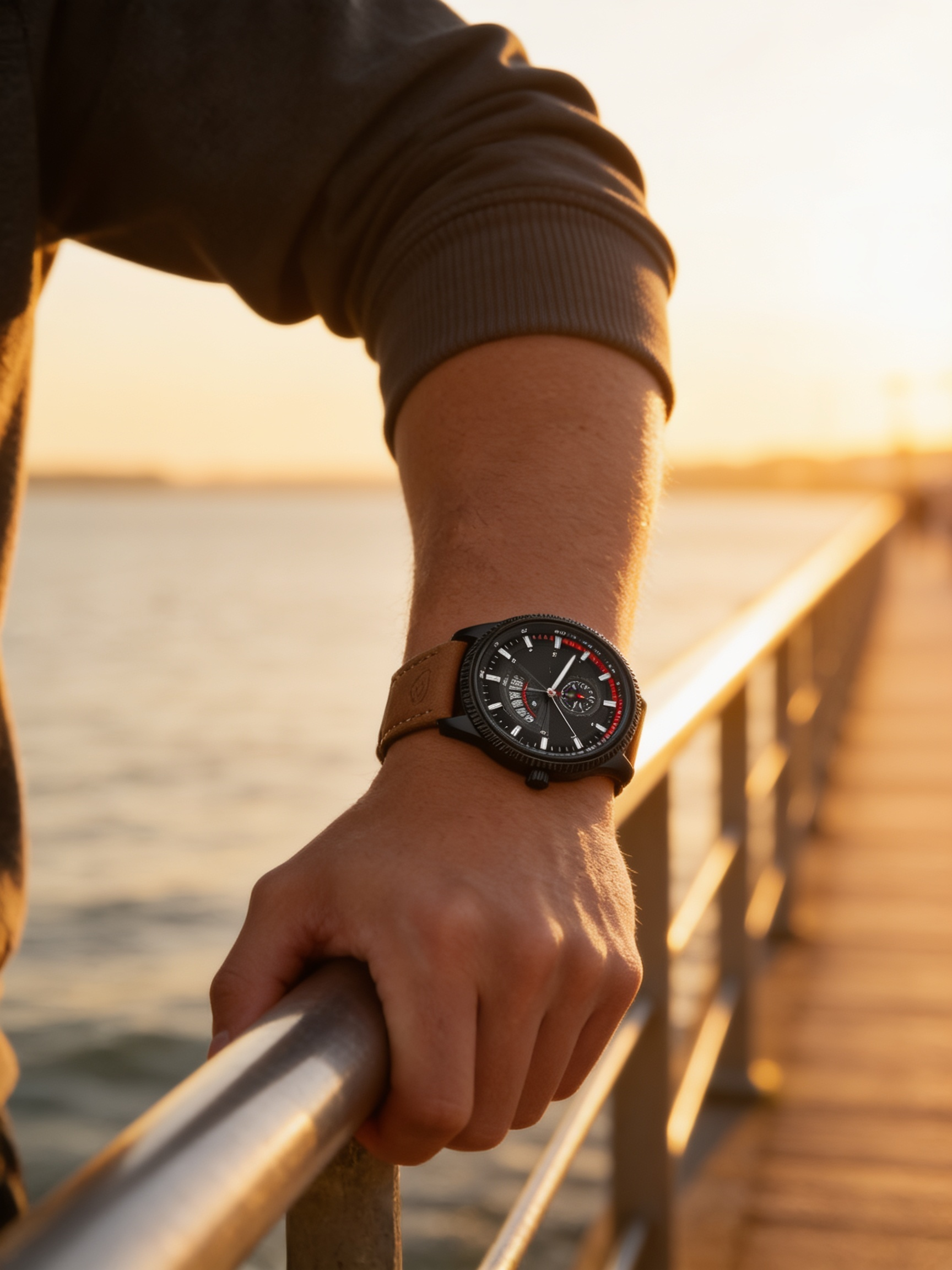 FORSINING 0226 automatic calendar watch worn on a boardwalk at golden hour