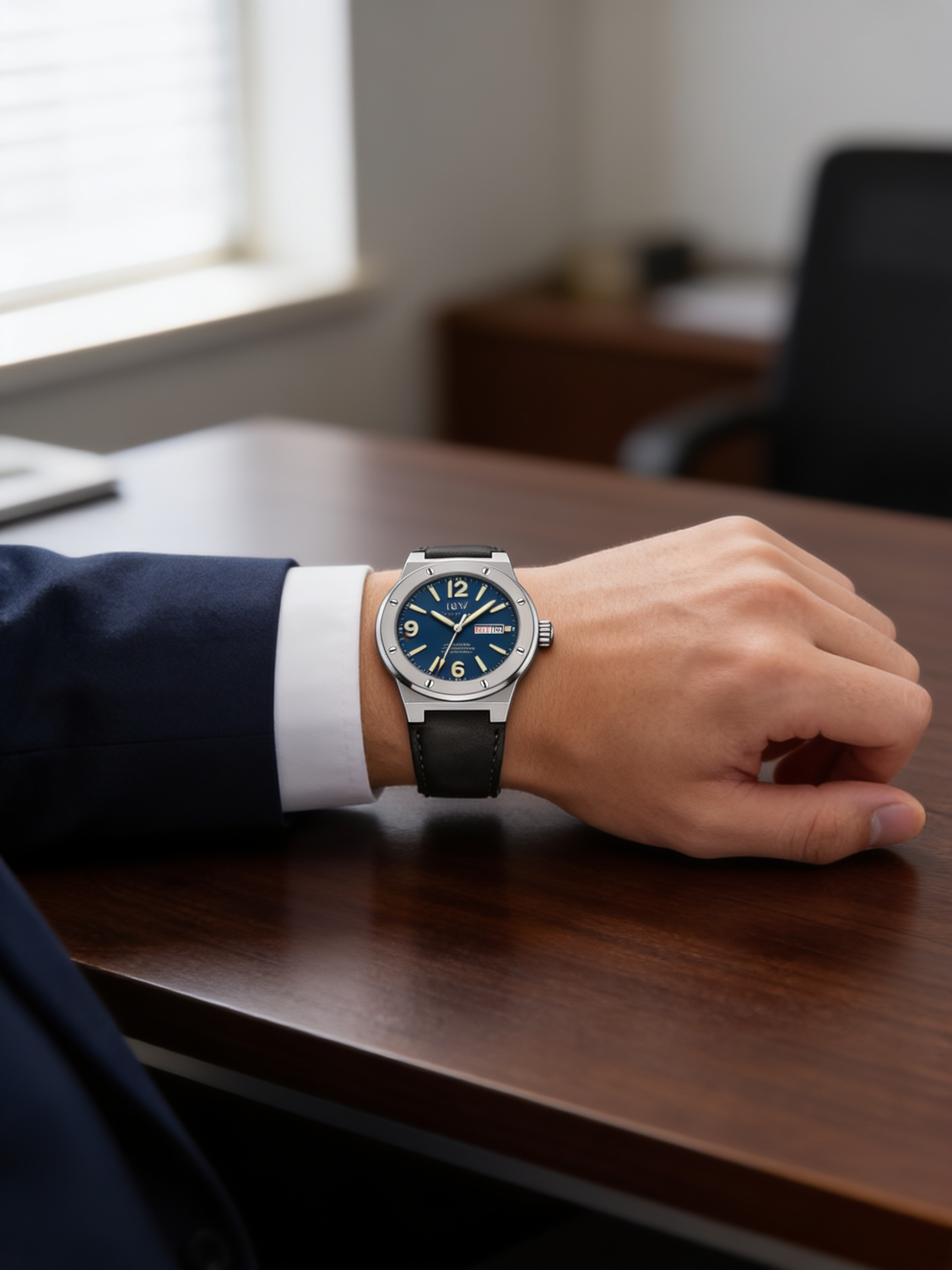 Carnival IW589G blue automatic watch worn with business attire