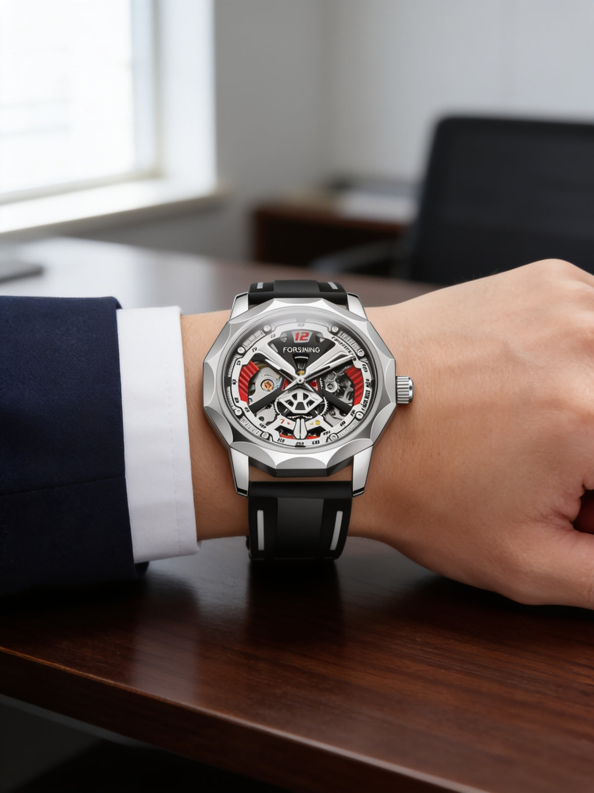 FORSINING H199M Black Silver hand-wound skeleton watch in a business setting