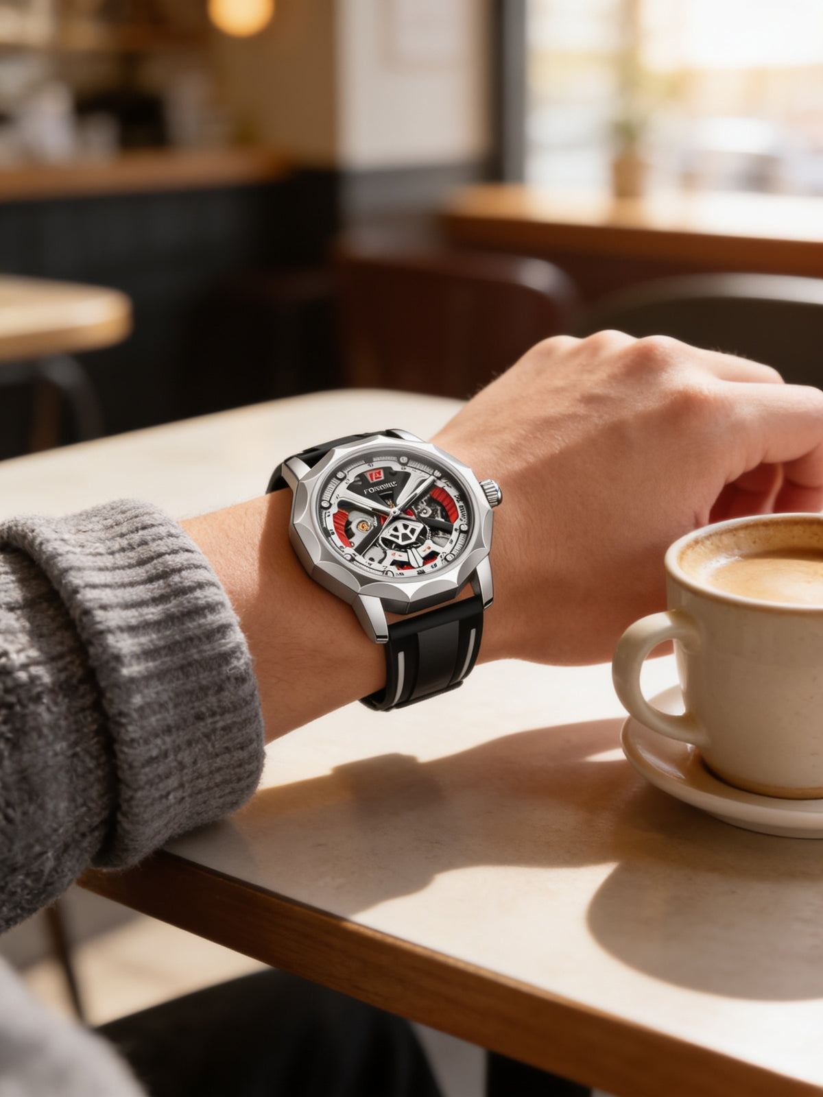 FORSINING H199M Black Silver hand-wound skeleton watch at a cafe