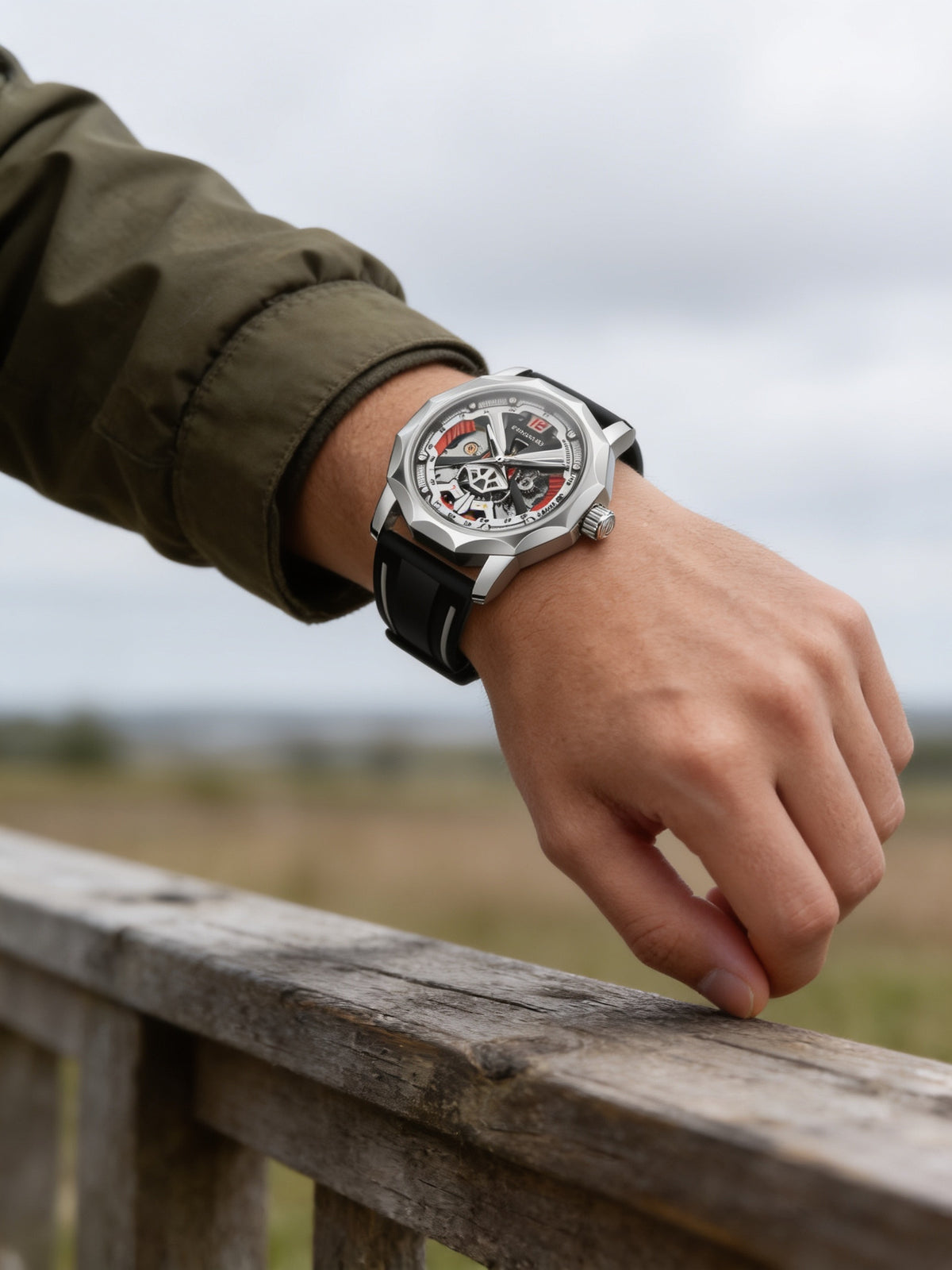 FORSINING H199M Black Silver hand-wound skeleton watch outdoors