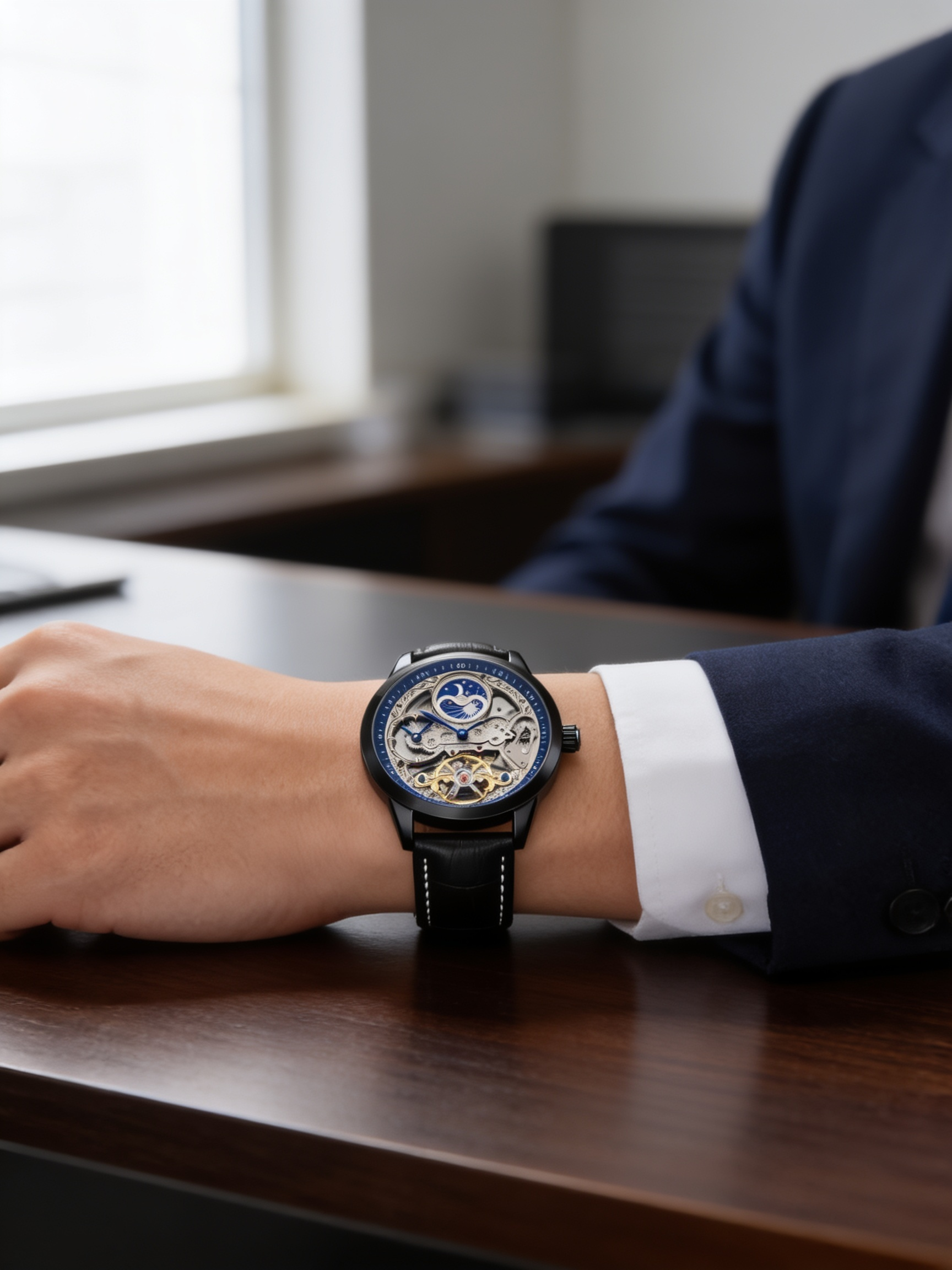 FORSINING For55 moon-and-stars skeleton automatic watch worn with business attire