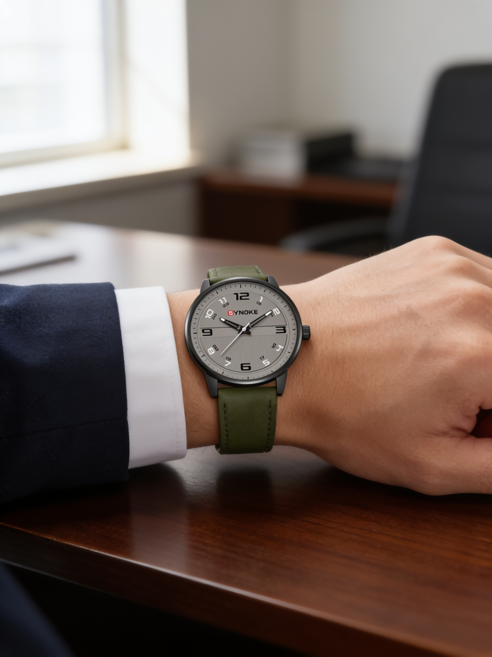 SYNOKE retro quartz watch with green leather strap worn with business attire