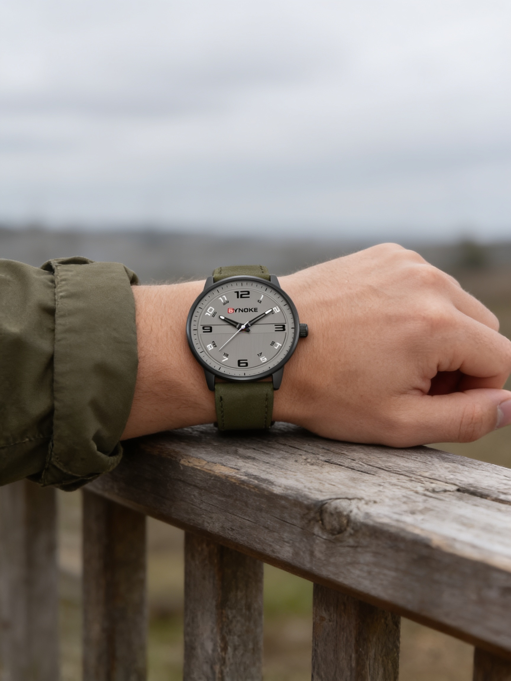 SYNOKE retro quartz watch with green leather strap worn outdoors