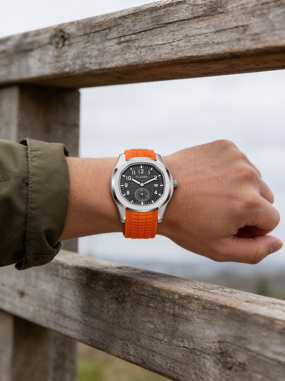 PLADEN V341 orange sport calendar watch worn outdoors