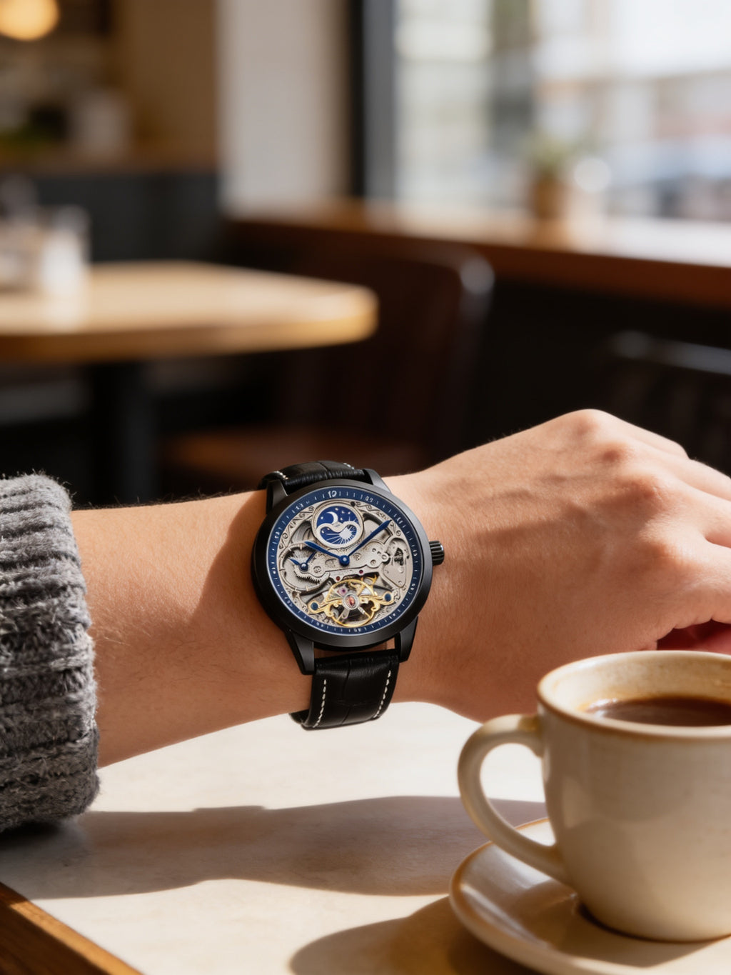 FORSINING For55 Black moon-and-stars skeleton automatic watch worn at a cafe