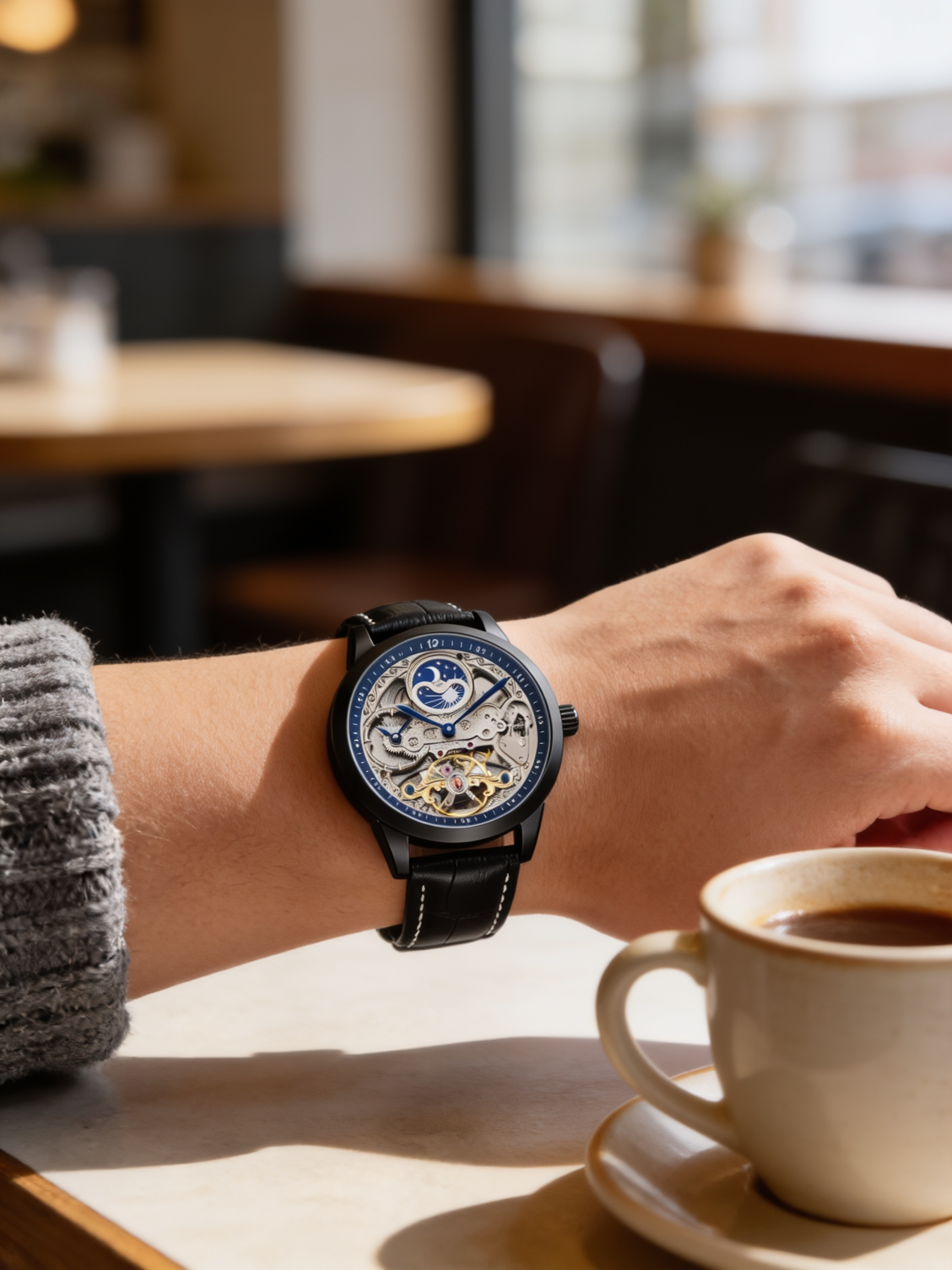 FORSINING For55 Black moon-and-stars skeleton automatic watch worn at a cafe