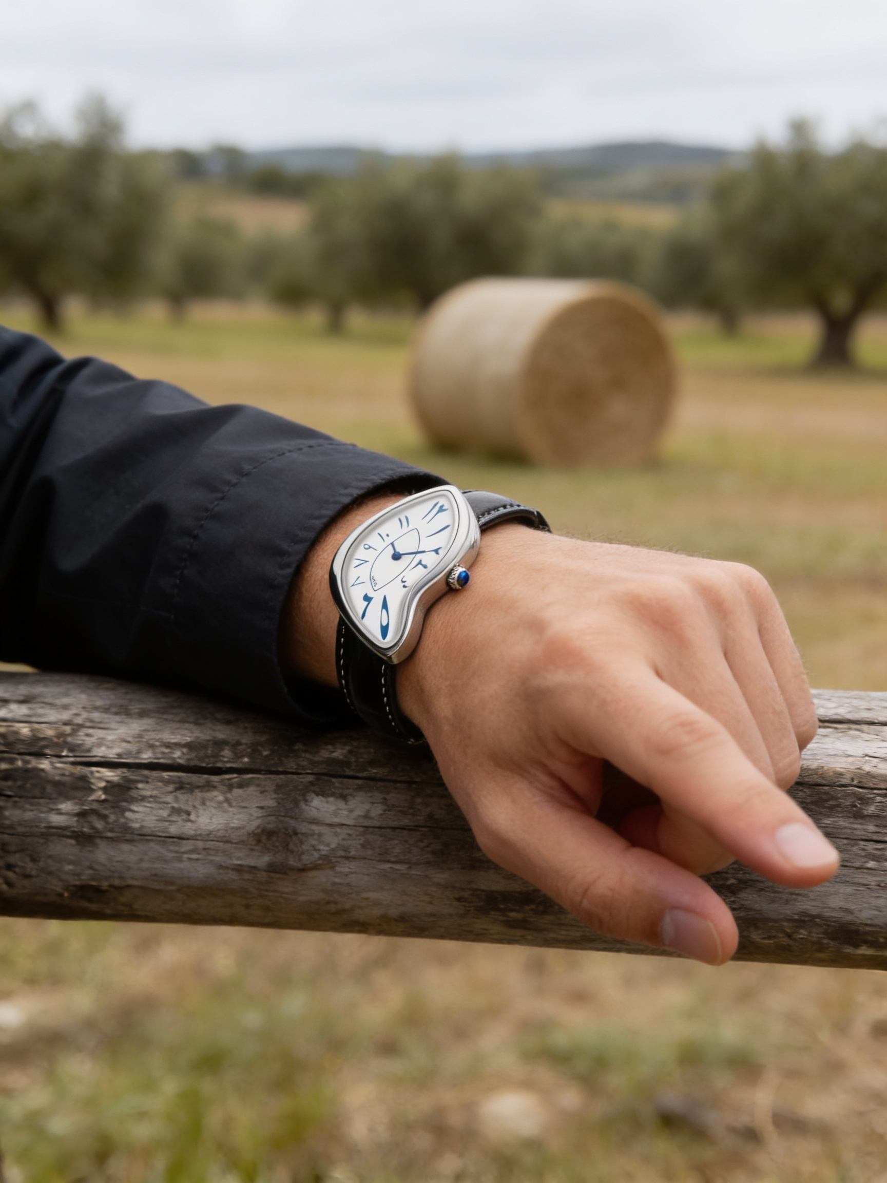 Eston Crash Melted Y2K watch in Silver worn on the wrist outdoors (X03-A)