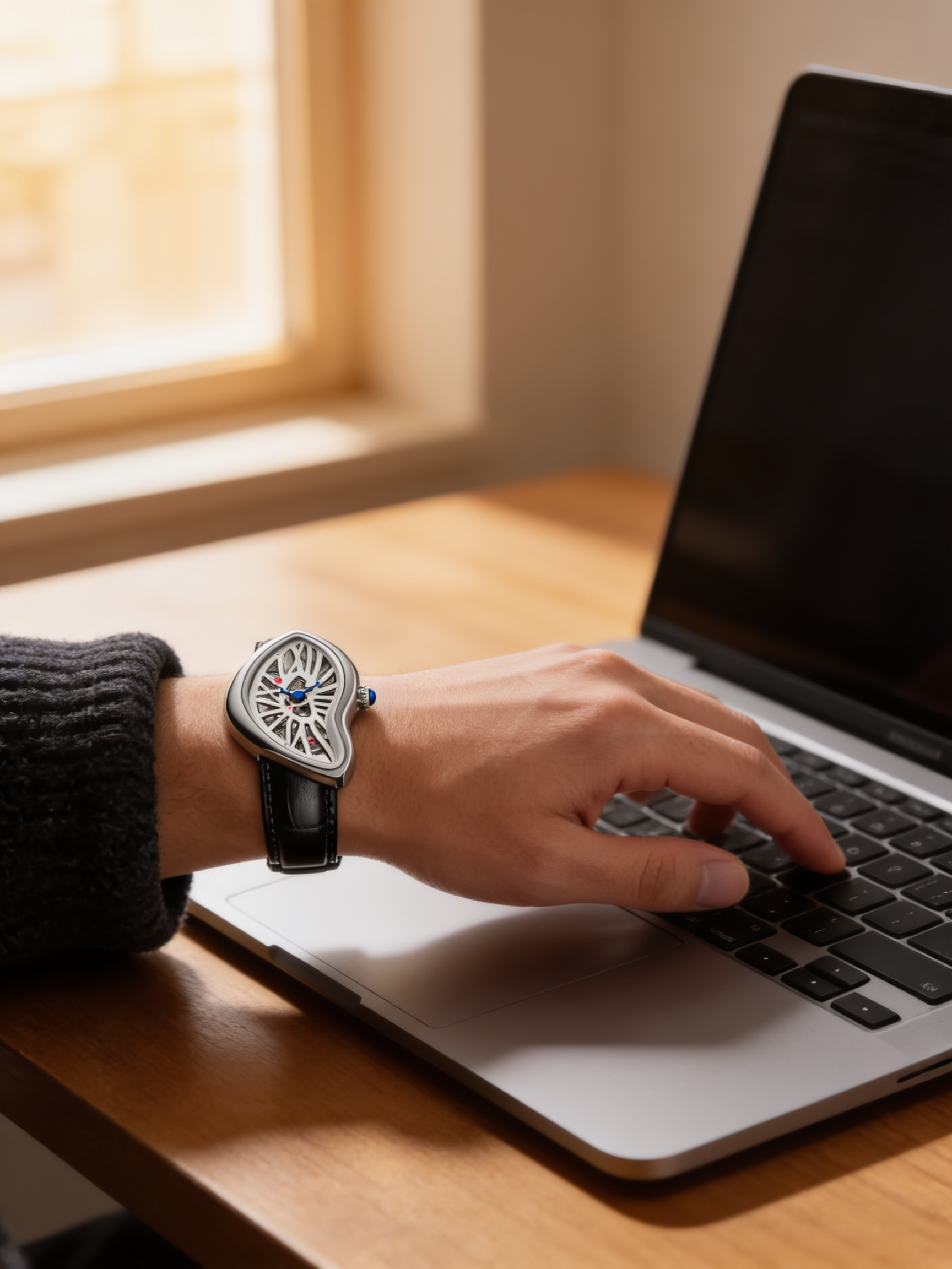 Eston Crash Melted Y2K watch in Silver Skeleton worn at a laptop (X03-B)