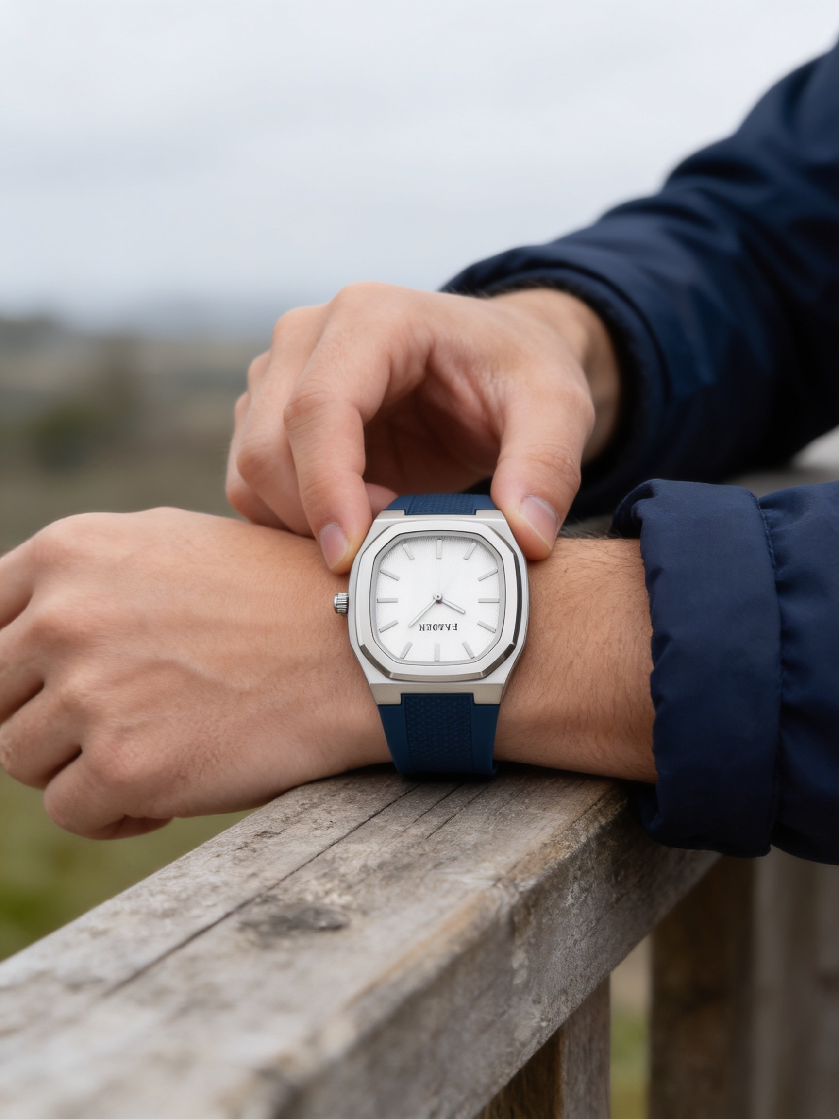 PLADEN GK1416G minimalist square watch in Blue worn outdoors (X04A)