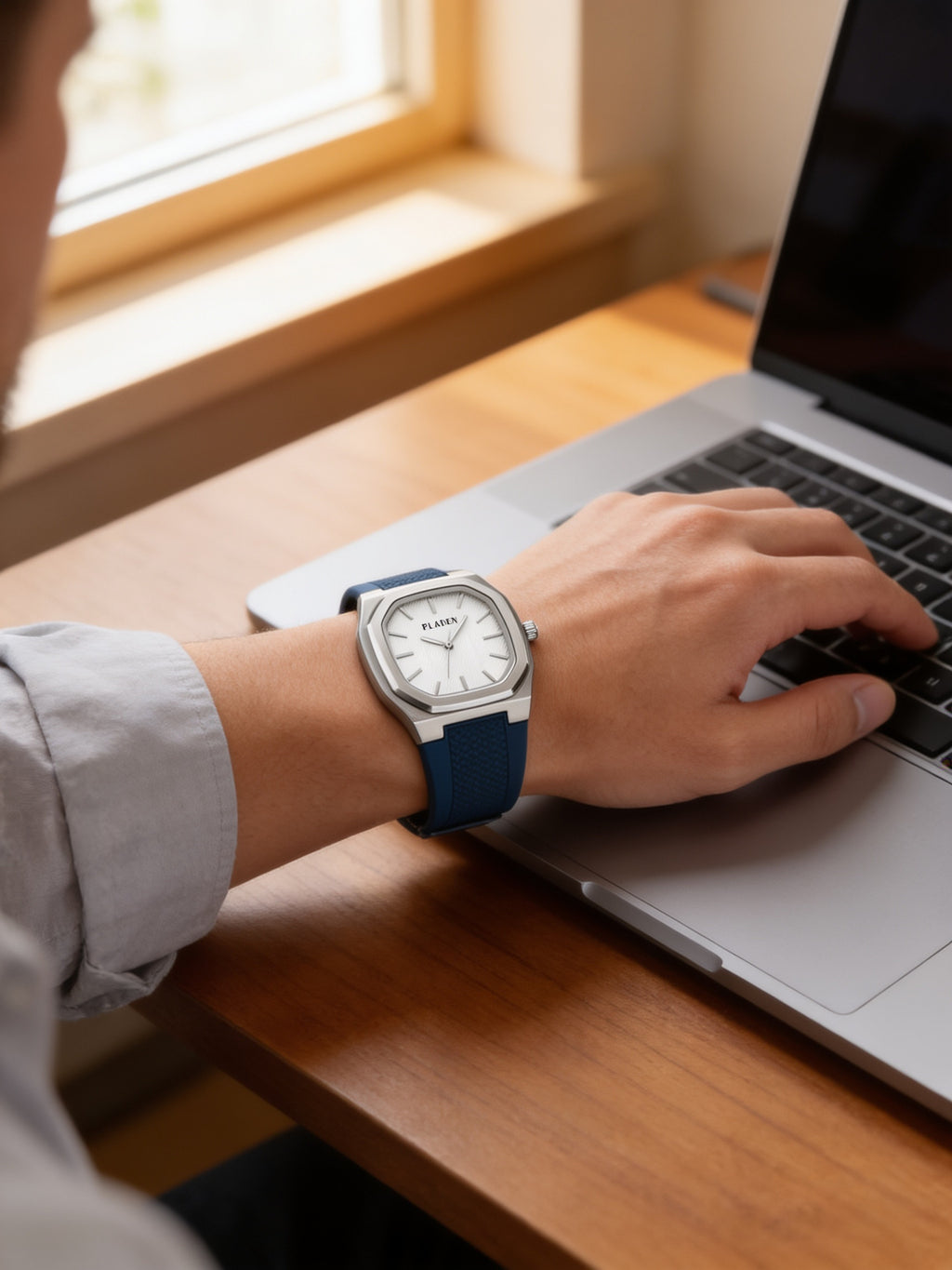 PLADEN GK1416G minimalist square watch in Blue worn at a laptop (X04B2)