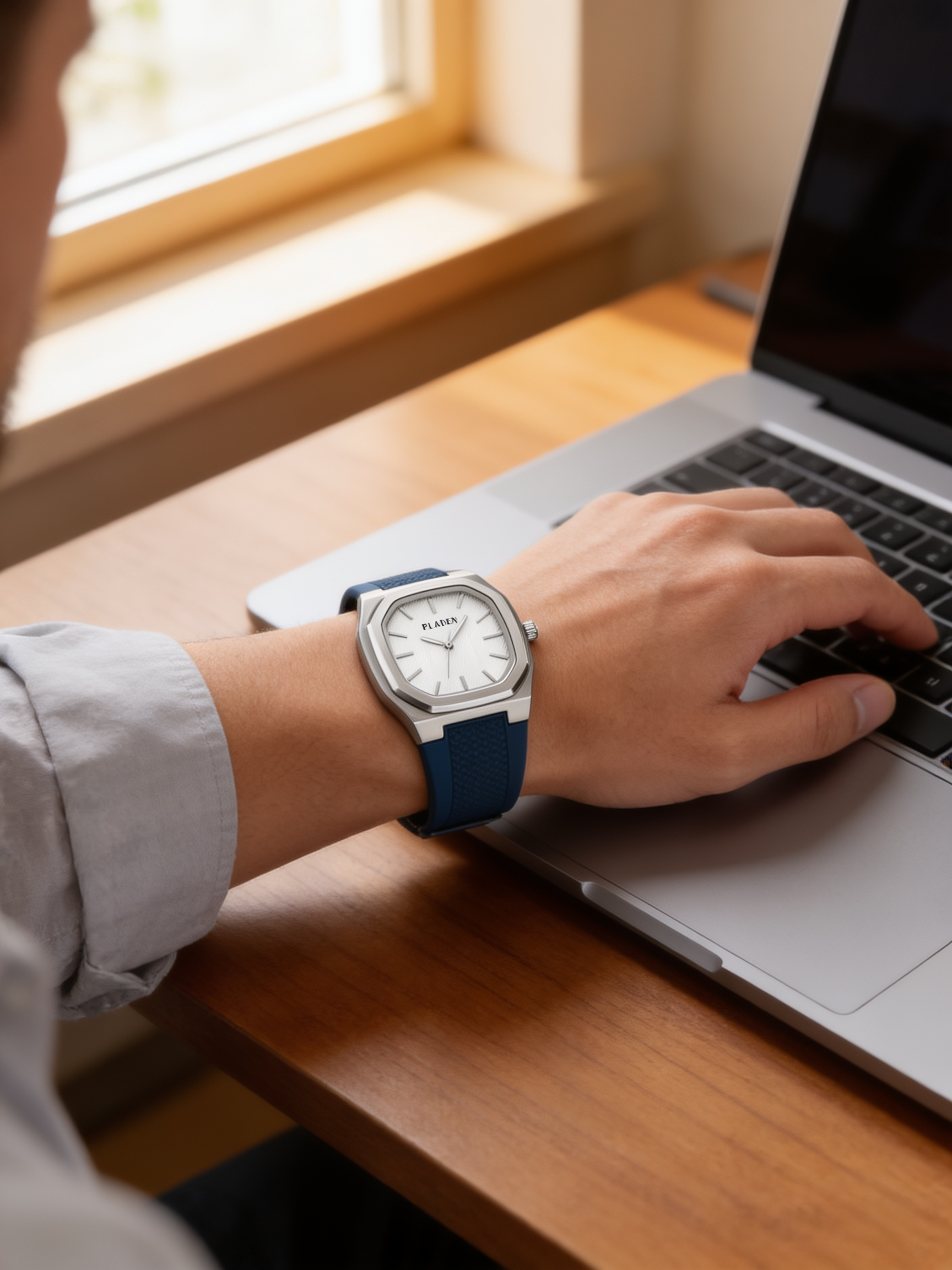 PLADEN GK1416G minimalist square watch in Blue worn at a laptop (X04B2)