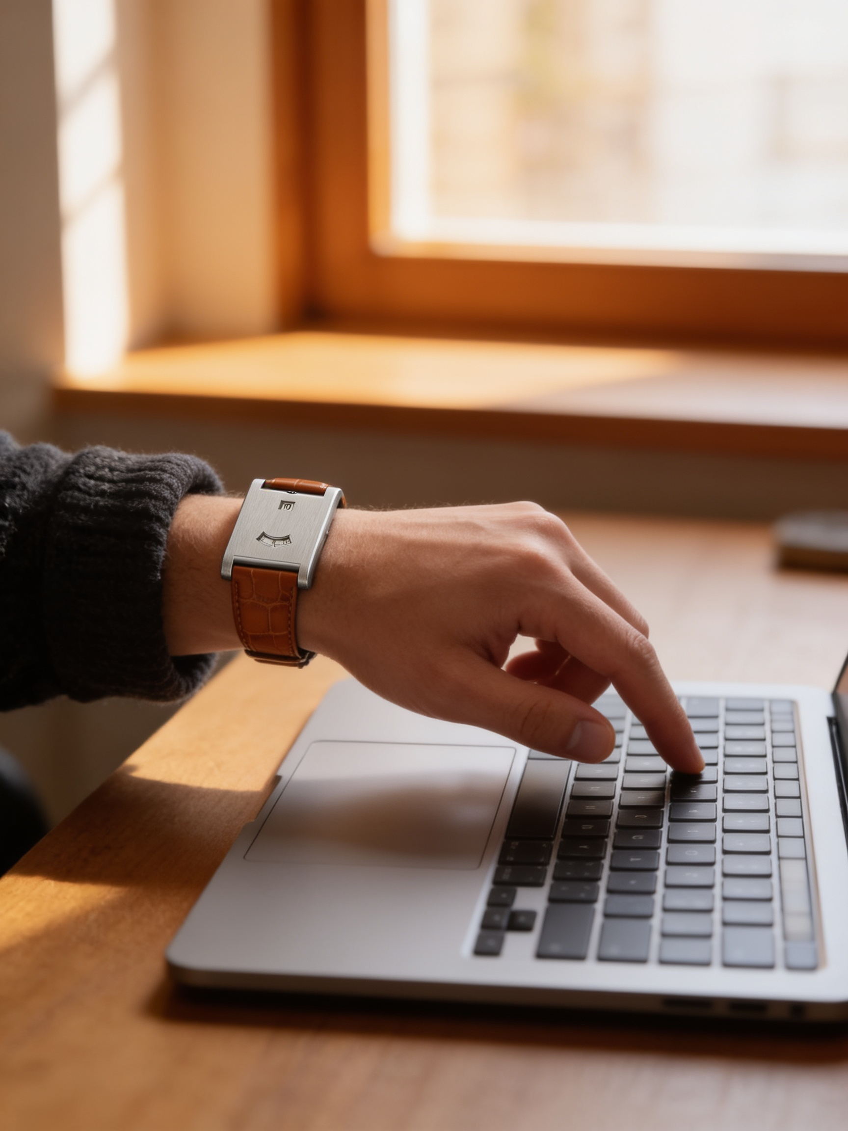 Eston Y2K Rolling Disc watch in Silver with Brown Strap worn at a laptop (X02C)