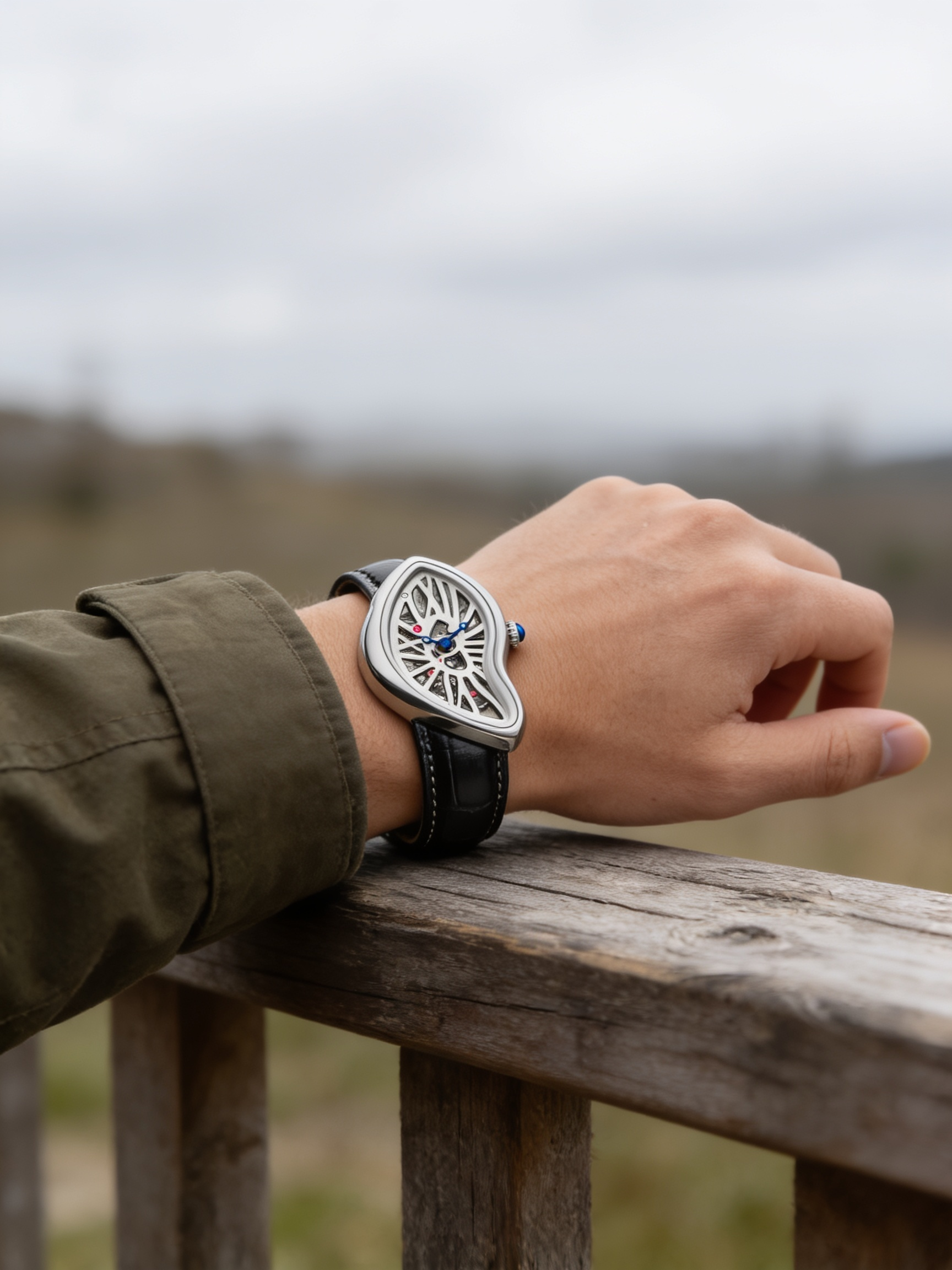 Eston Crash Melted Y2K watch in Silver Skeleton worn outdoors (X03C)