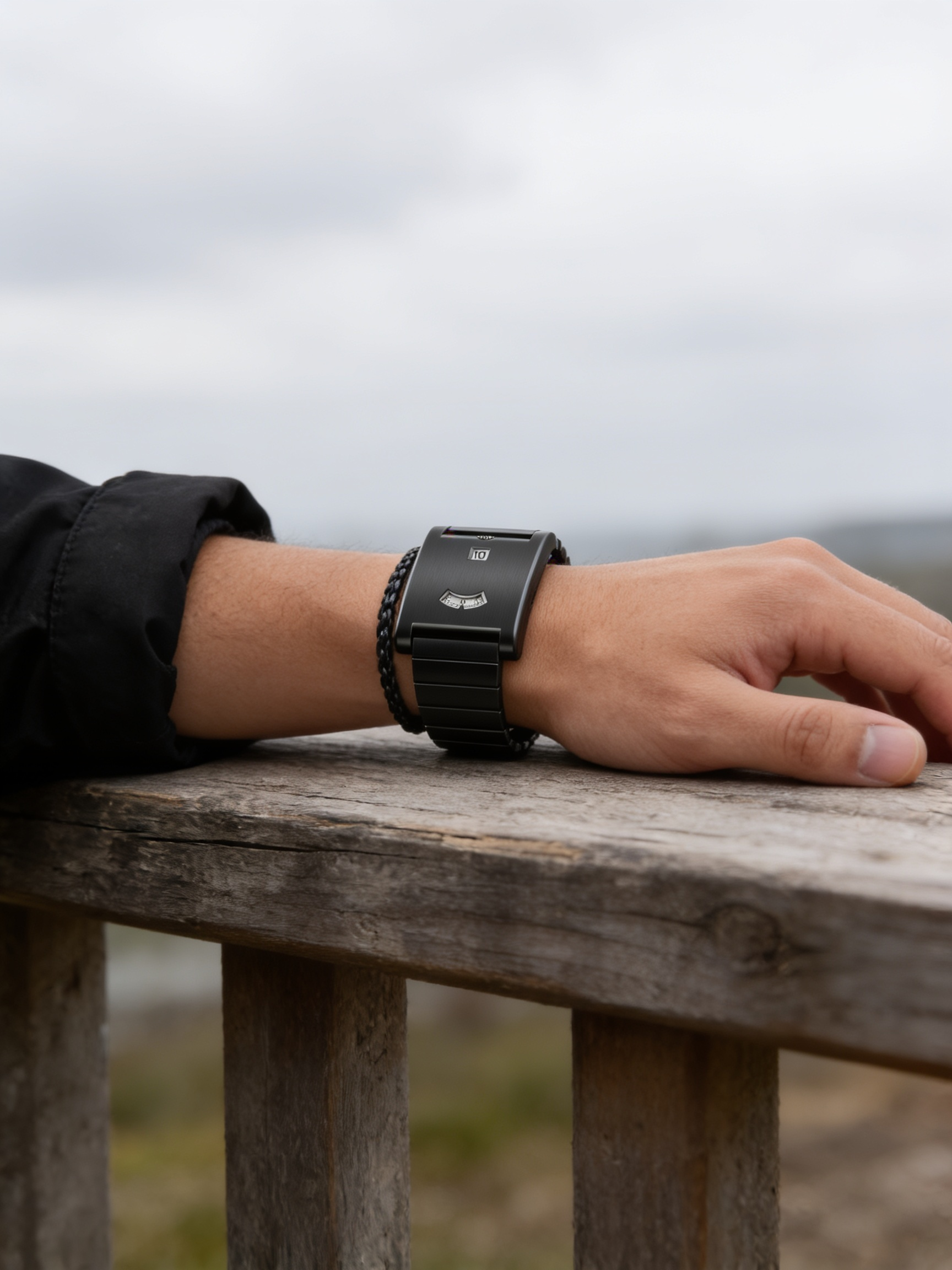 Eston Y2K Rolling Disc watch in Black Bracelet worn outdoors (X02D2)