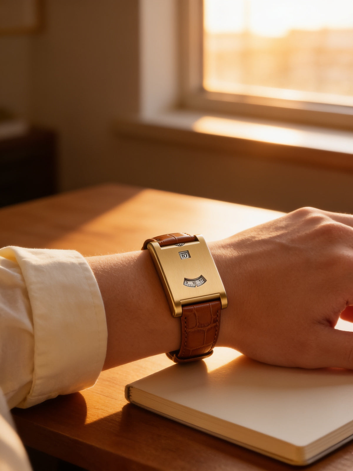 Eston Y2K Rolling Disc watch in Gold with Brown Strap at a golden-hour desk (X02E2)