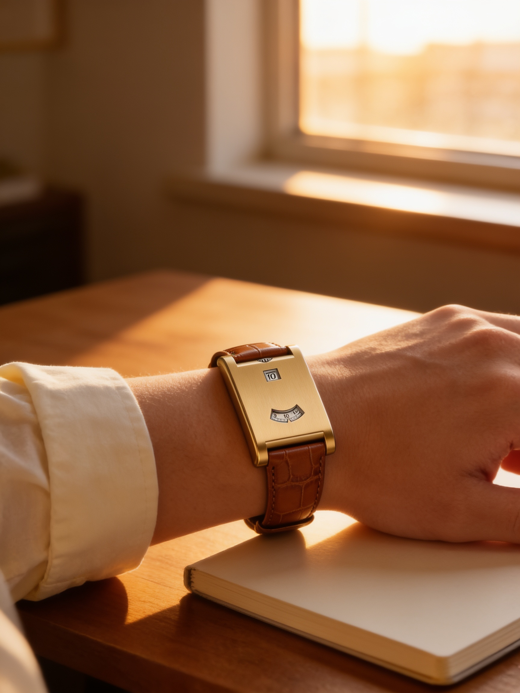 Eston Y2K Rolling Disc watch in Gold with Brown Strap at a golden-hour desk (X02E2)