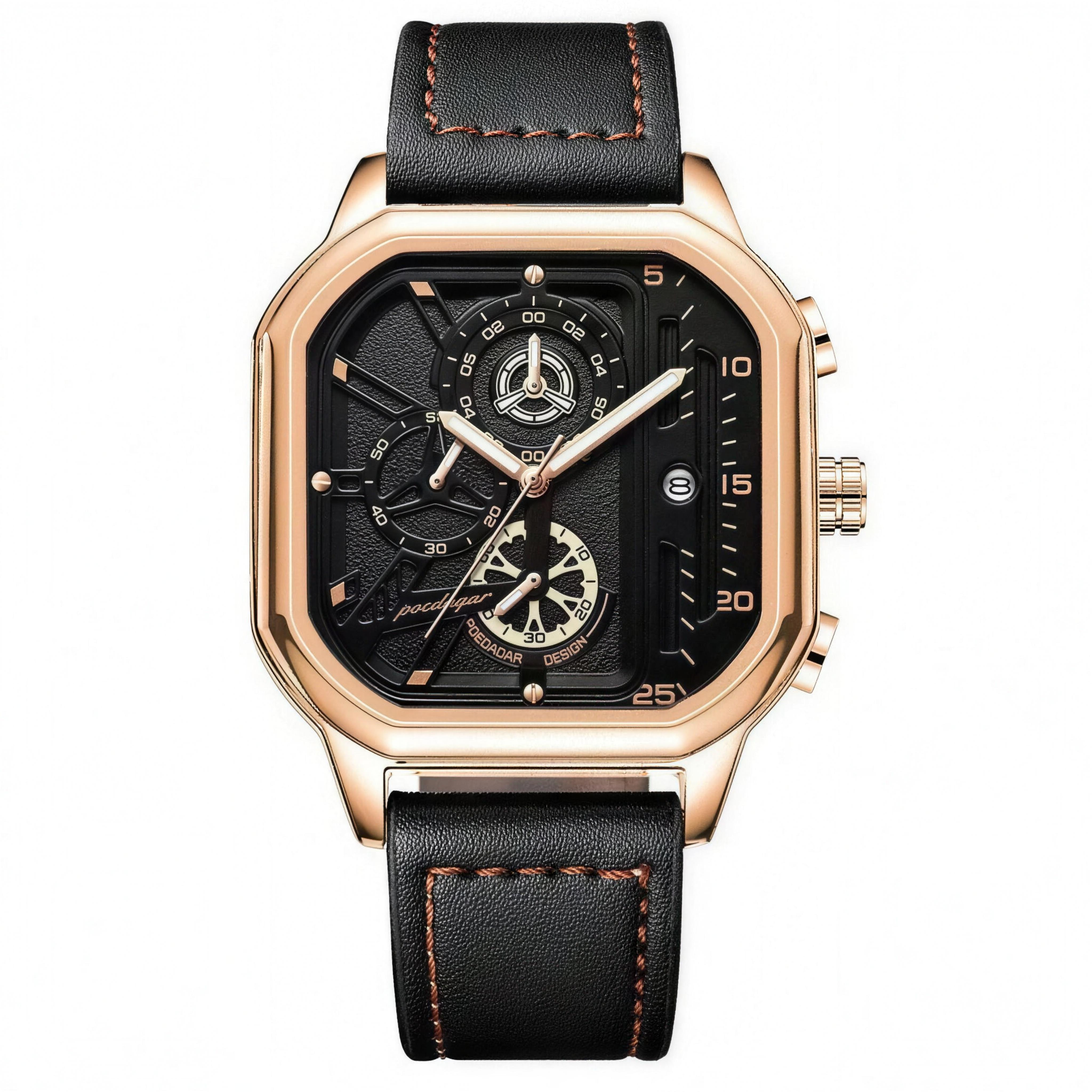 POEDAGAR Square Quartz Chronograph, 42mm