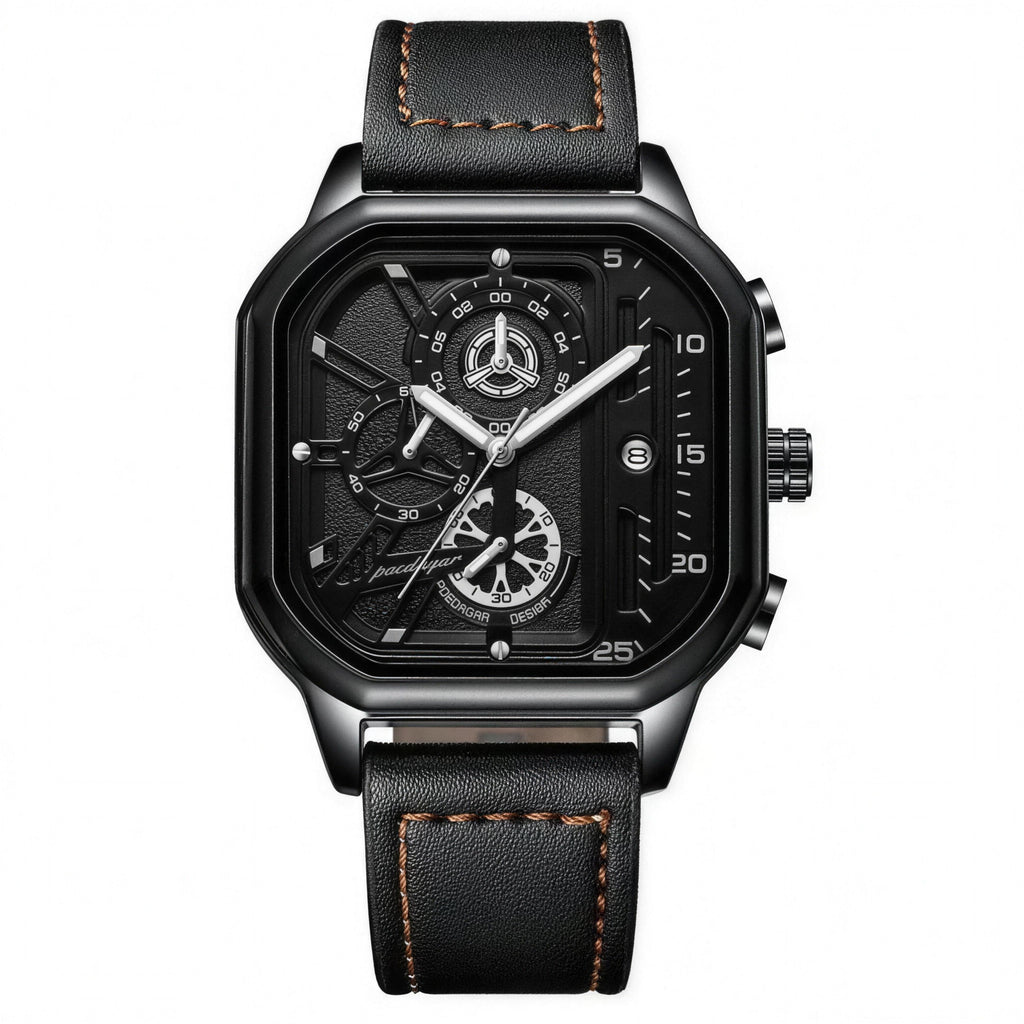 POEDAGAR 628 black square case black dial black leather strap