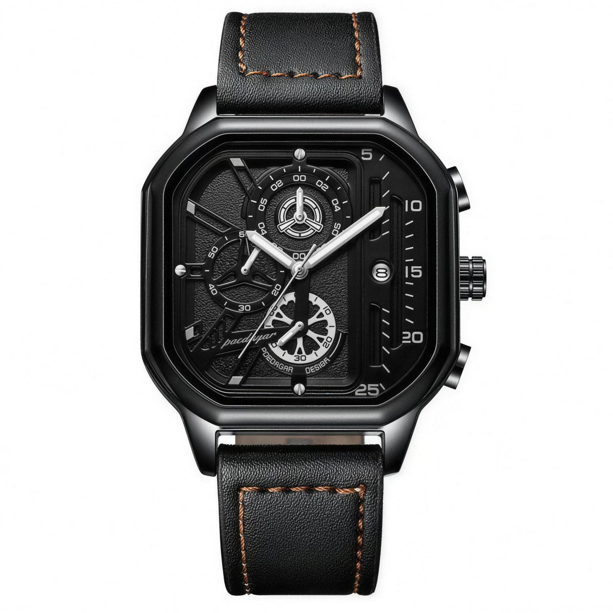 POEDAGAR 628 black square case black dial black leather strap