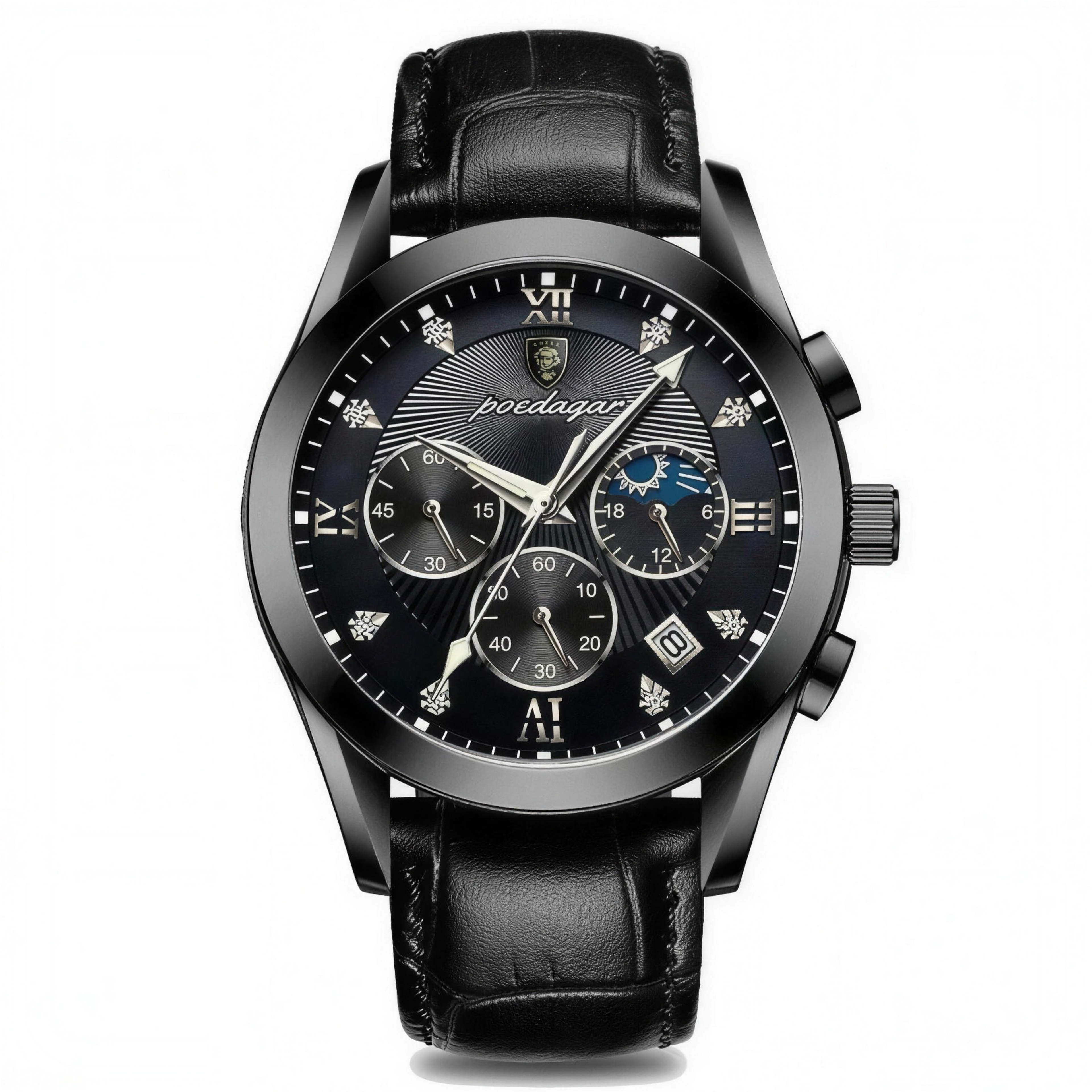 POEDAGAR 42mm chronograph with black case, black dial, and black leather strap
