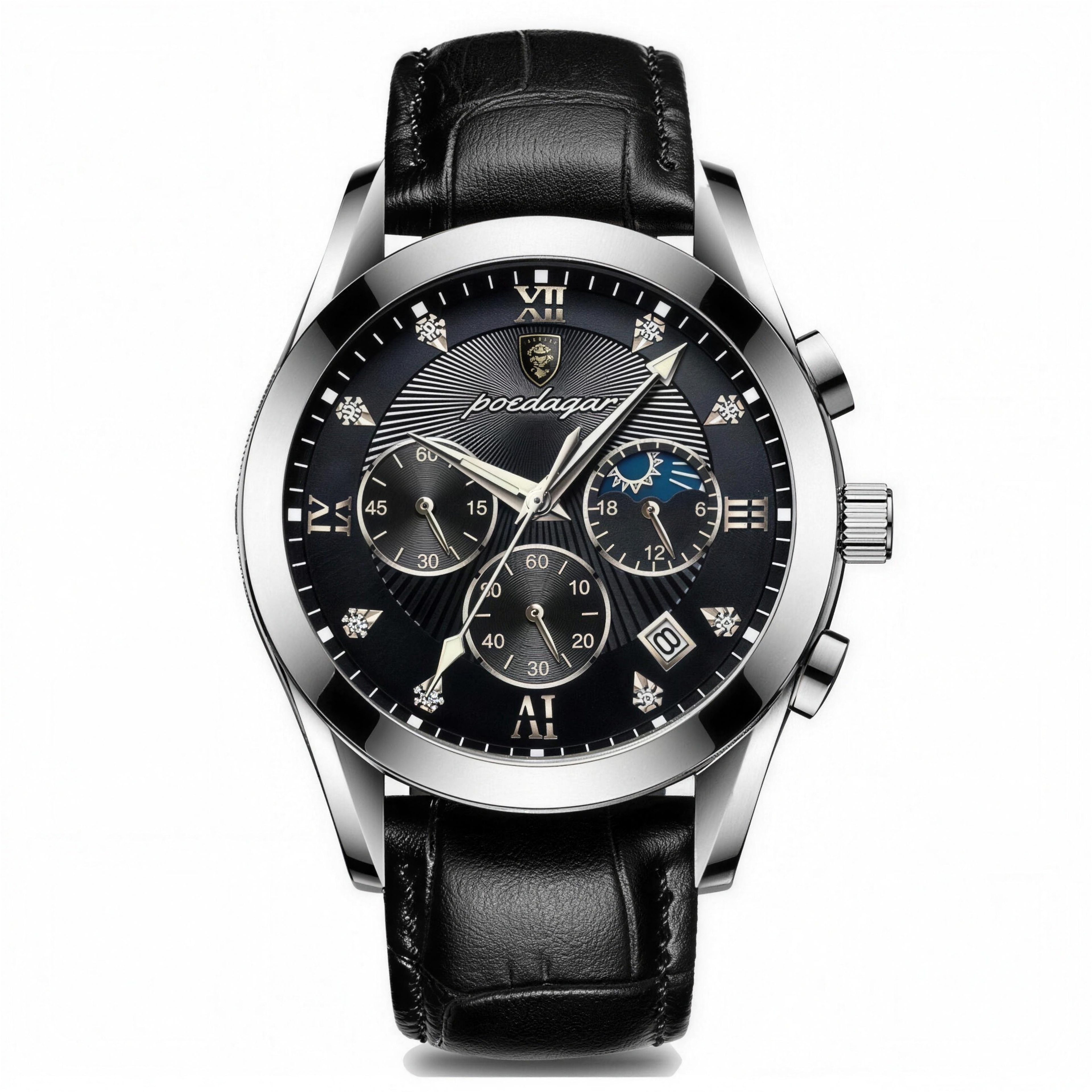POEDAGAR 42mm chronograph with silver case, black dial, and black leather strap