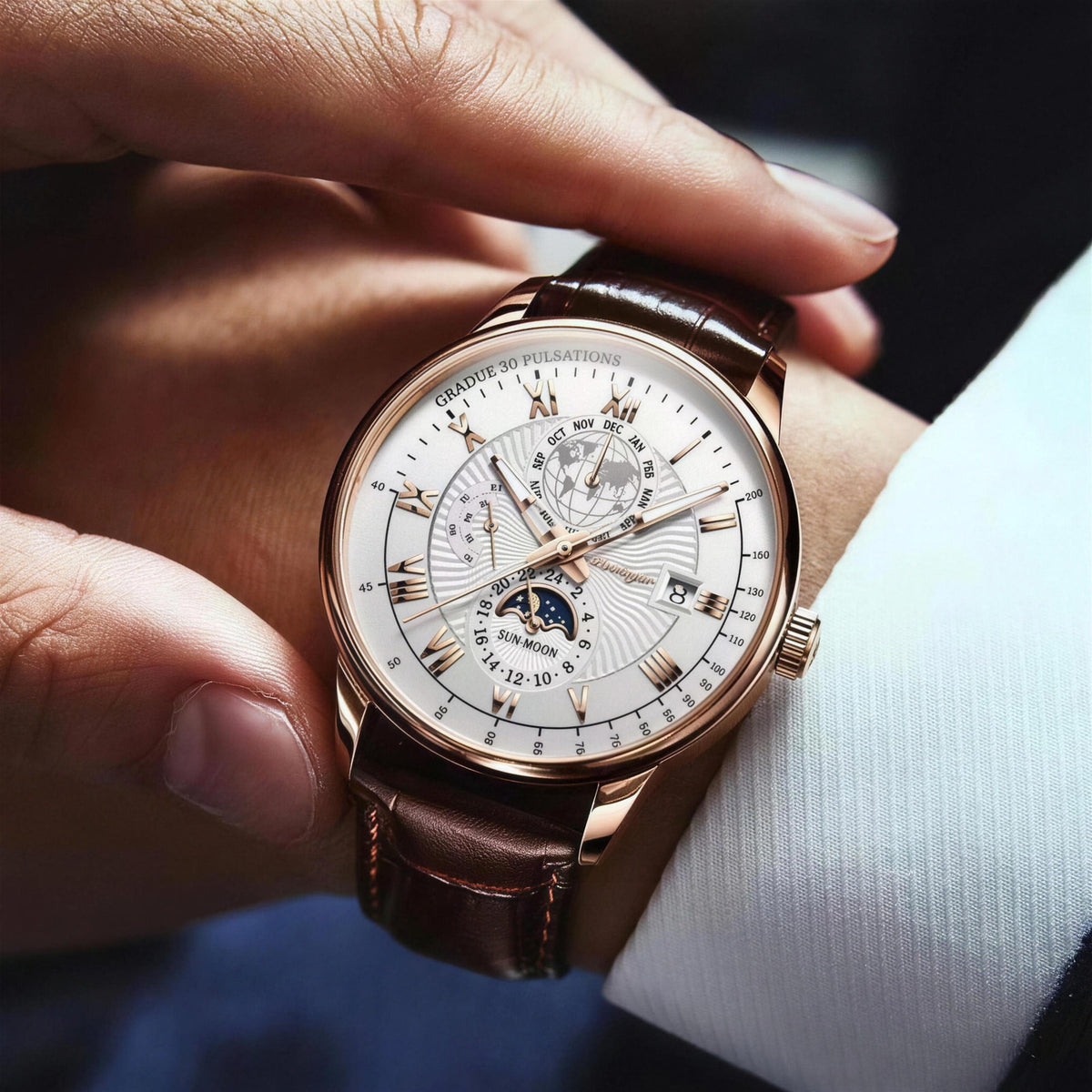POEDAGAR rose gold case and white dial layered-dial quartz watch held in hand