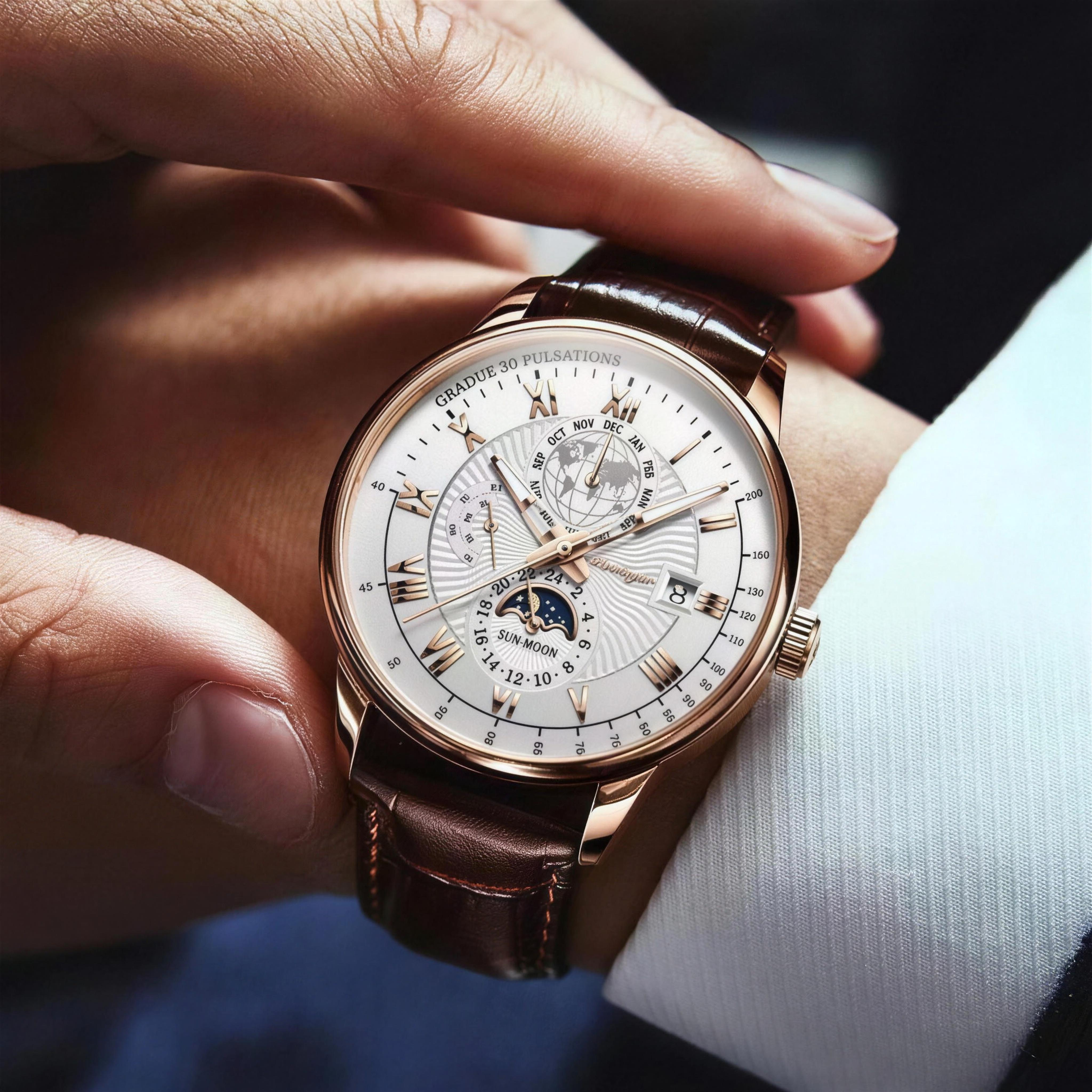 POEDAGAR rose gold case and white dial layered-dial quartz watch held in hand