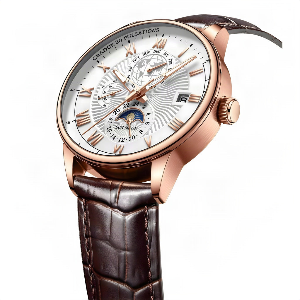 POEDAGAR rose gold case and white dial layered-dial quartz watch angled view