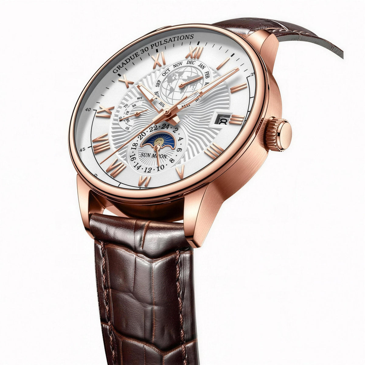 POEDAGAR rose gold case and white dial layered-dial quartz watch angled view