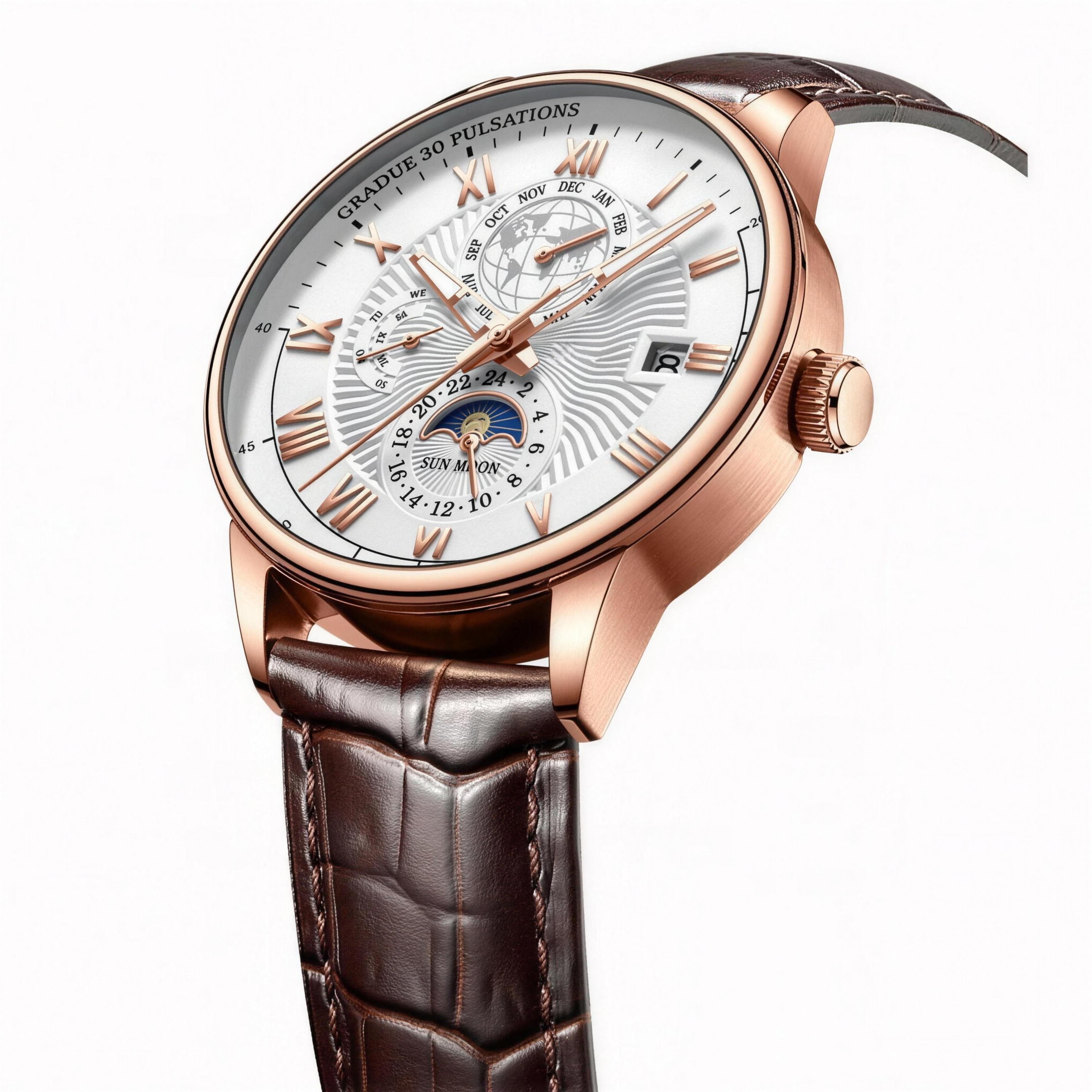 POEDAGAR rose gold case and white dial layered-dial quartz watch angled view
