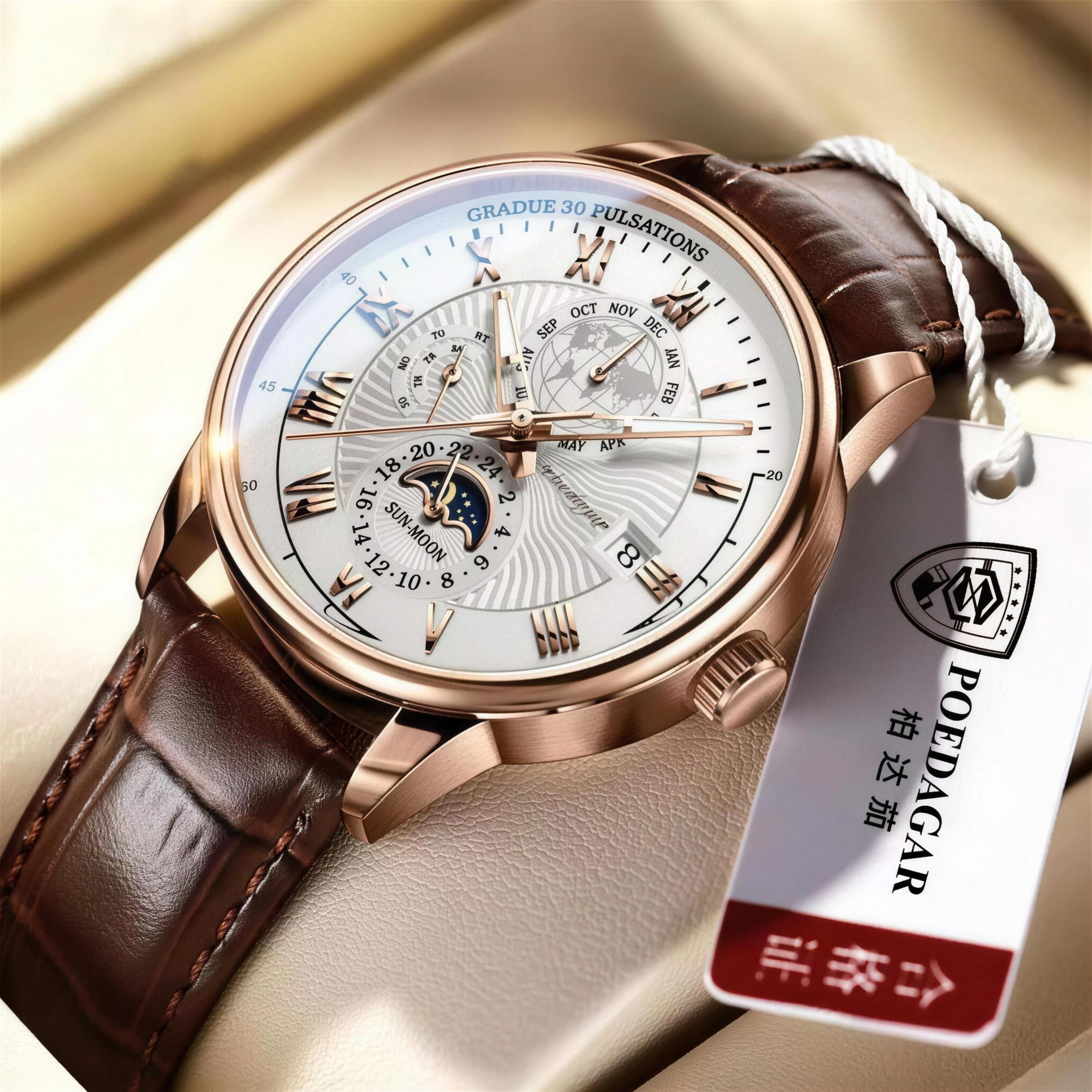 POEDAGAR rose gold case and white dial layered-dial quartz watch detail