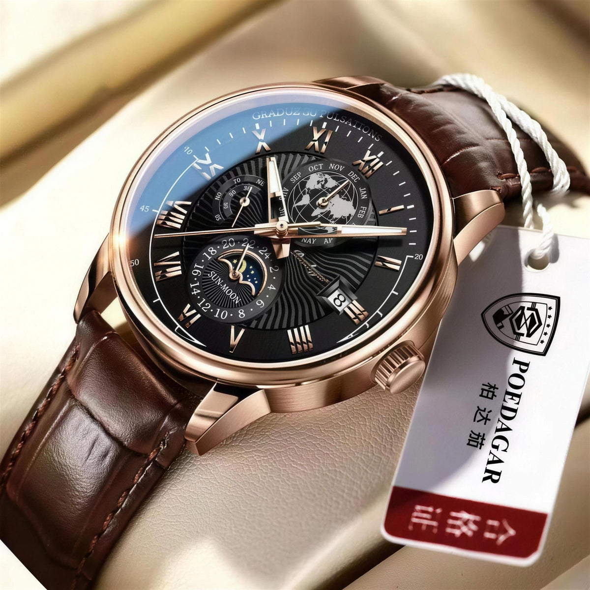 POEDAGAR rose gold case and black dial layered-dial quartz watch detail