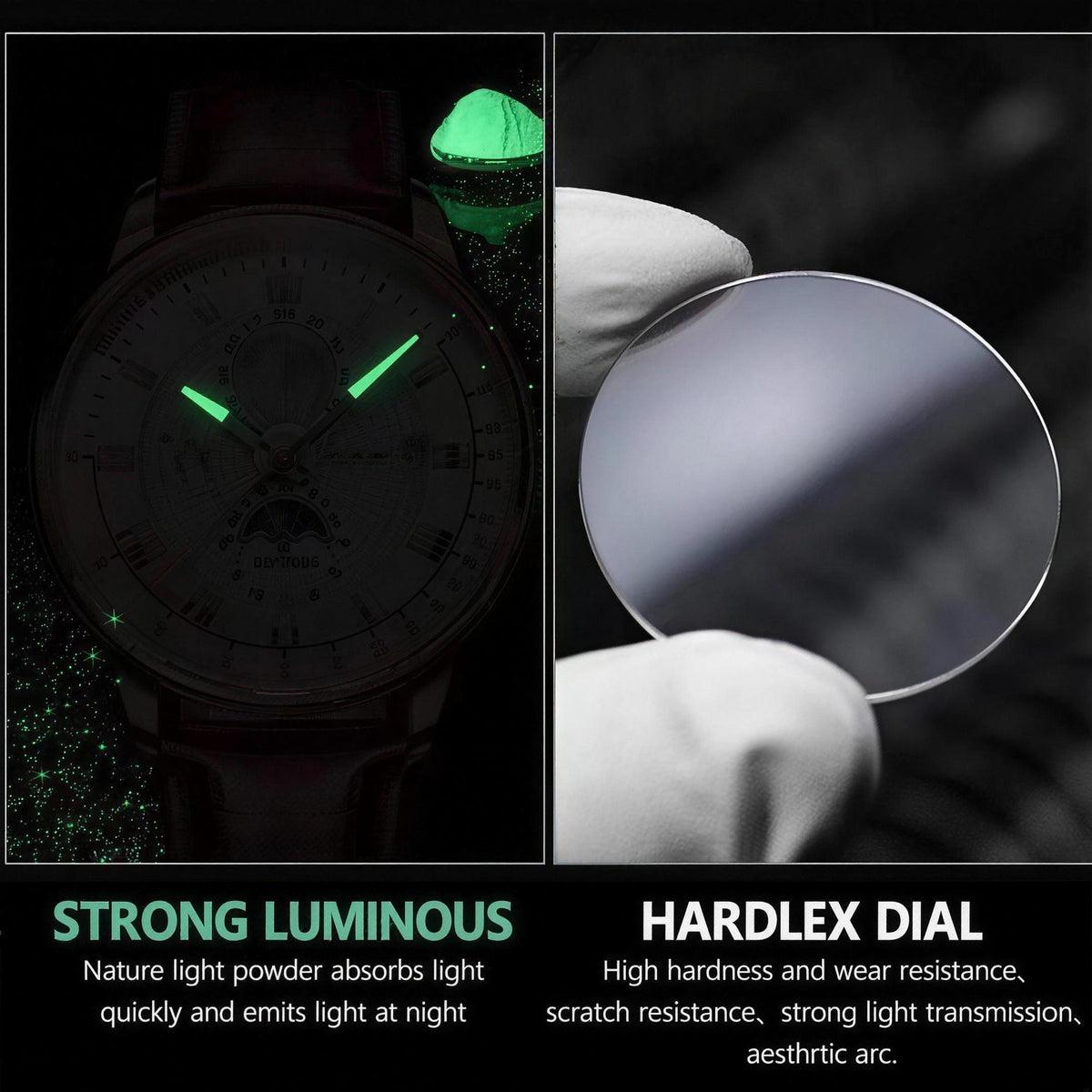 POEDAGAR layered-dial quartz watch luminous hands and mineral glass detail