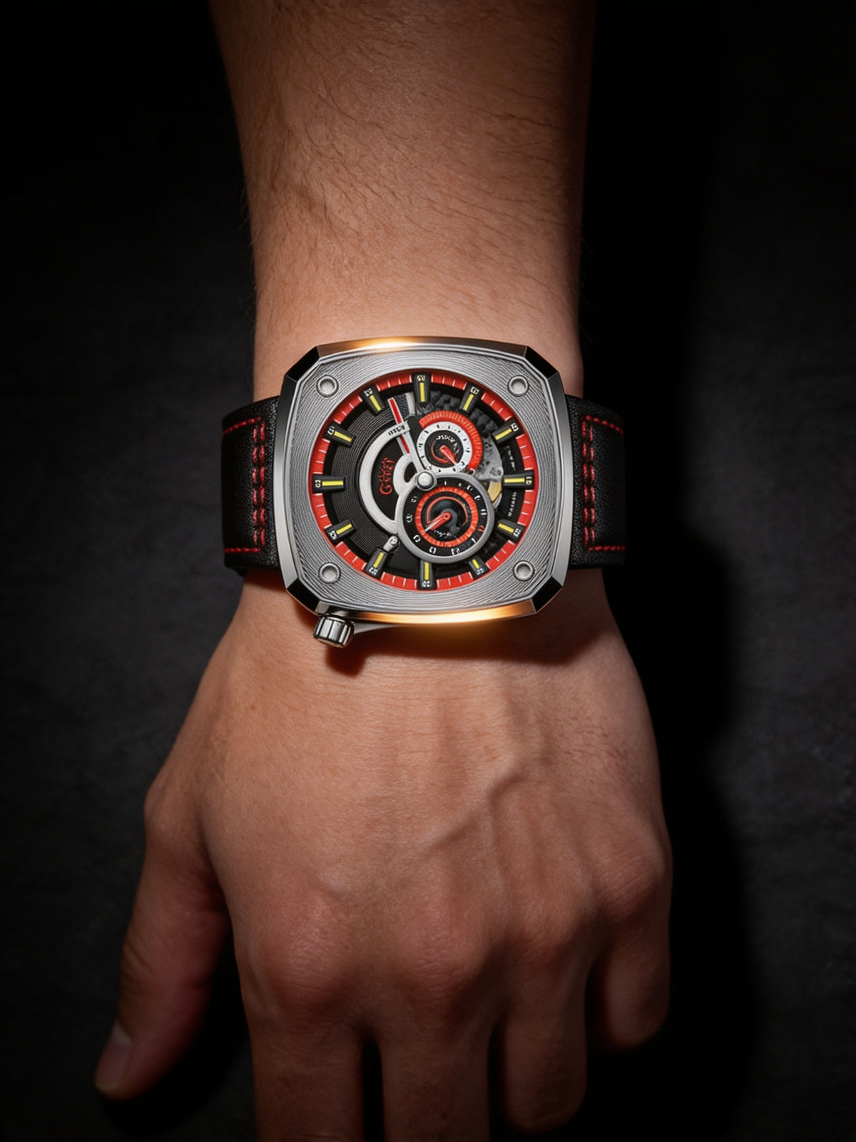 Bonest Gatti 45mm skeleton automatic watch in Red worn on a wrist in low light