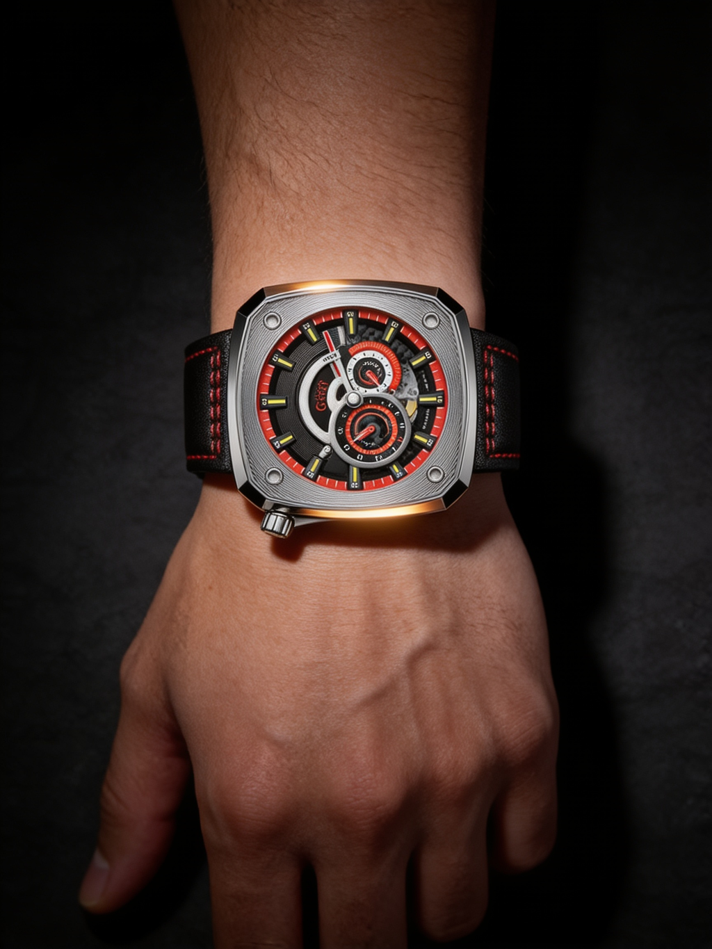 Bonest Gatti BG6601 red skeleton dial lit dramatically on a wrist against a dark background