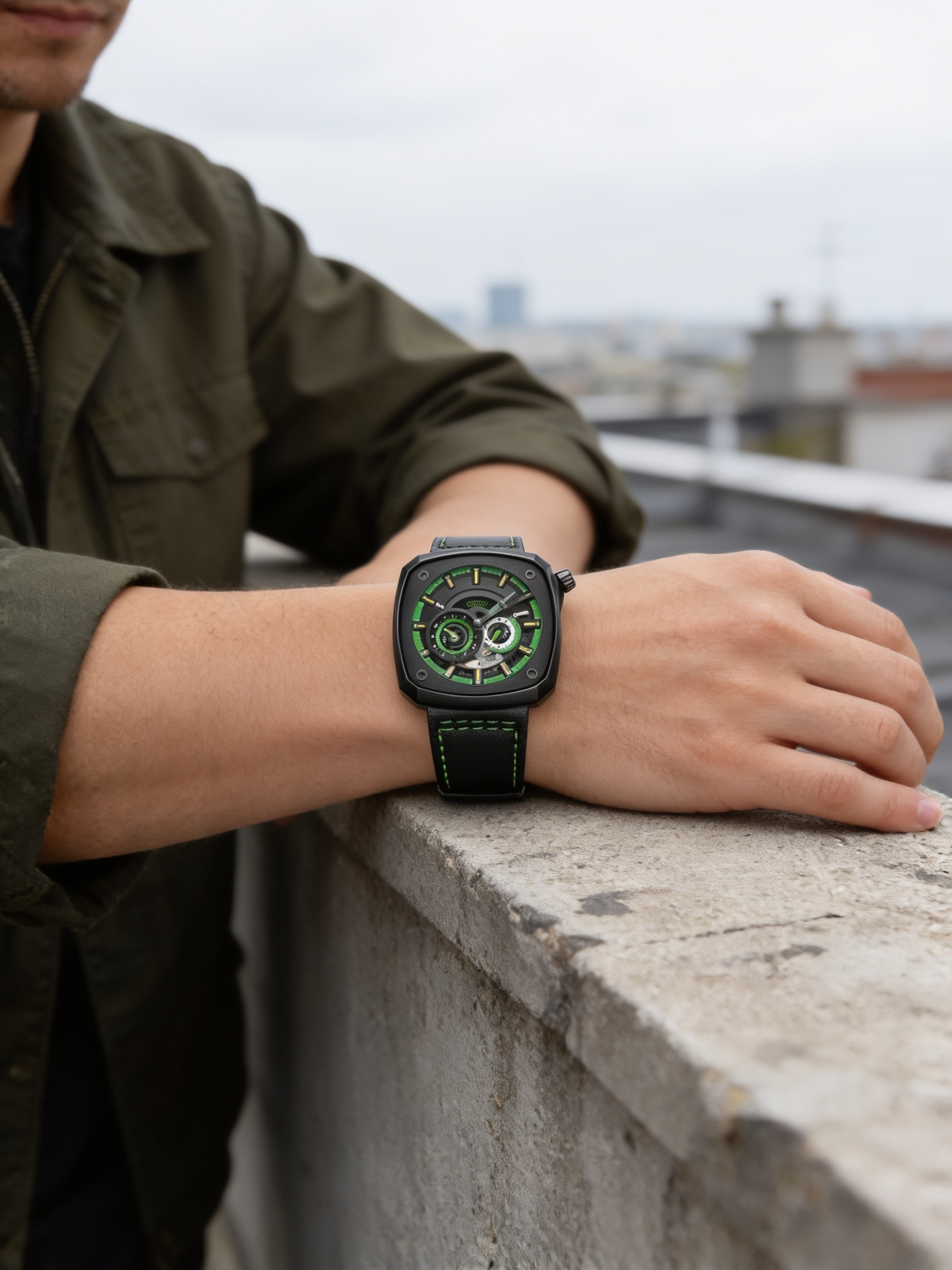 Bonest Gatti BG6601 in green with matte black case worn on a wrist resting on a concrete ledge
