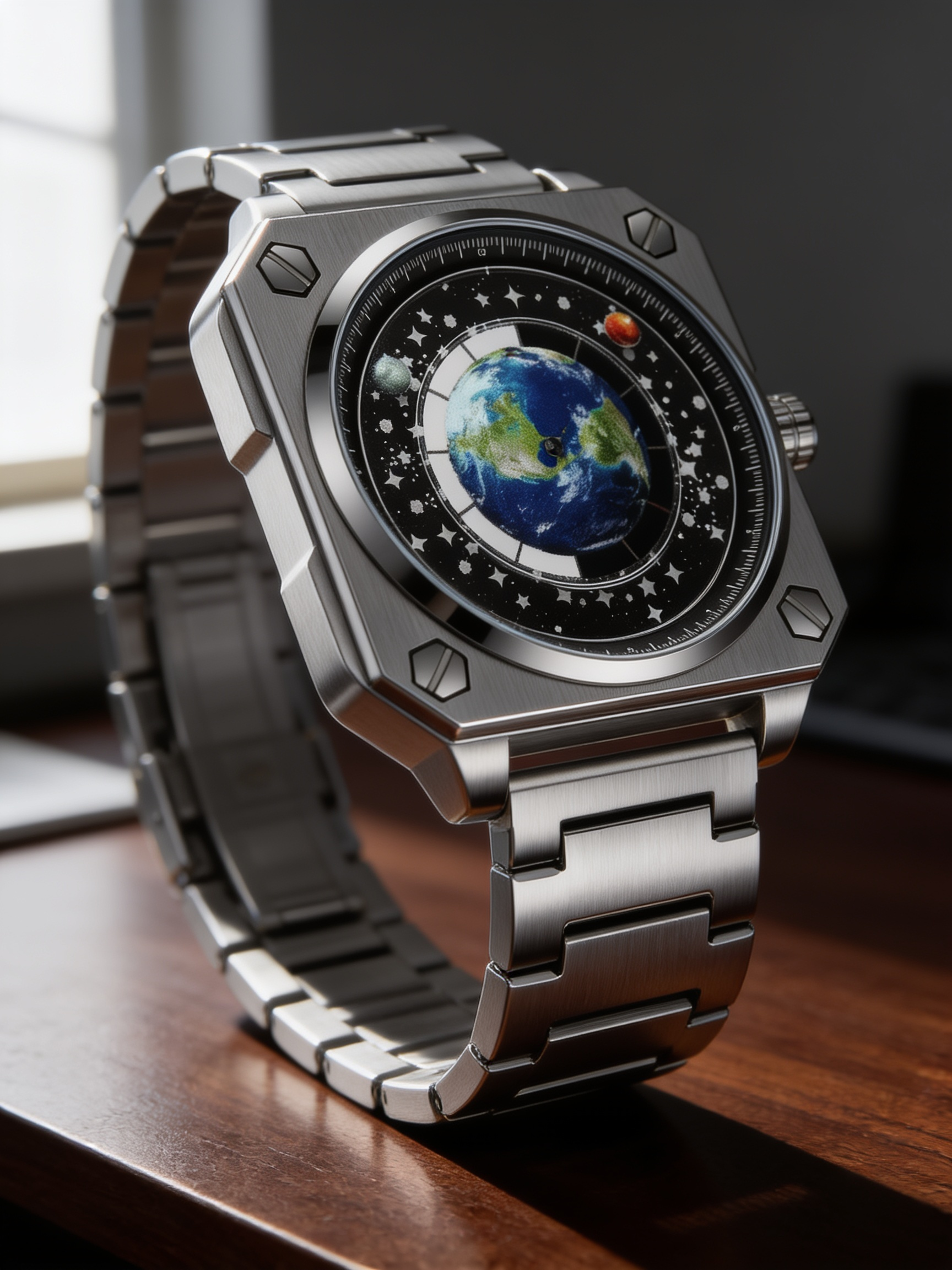 BINBOND earth rotating square quartz watch worn on a wrist
