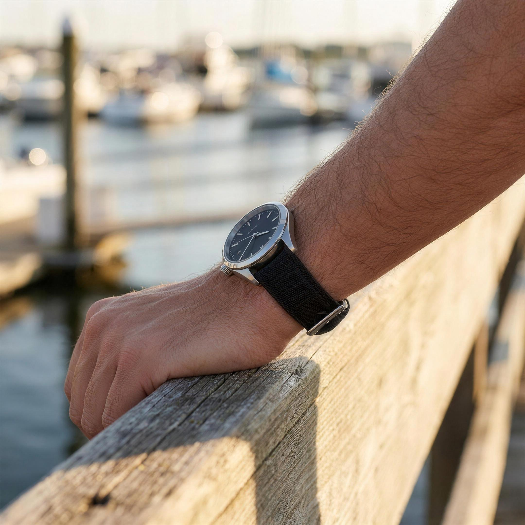 Black sailcloth quick-release watch strap with stainless pin buckle, worn on a wrist on a marina dock rail