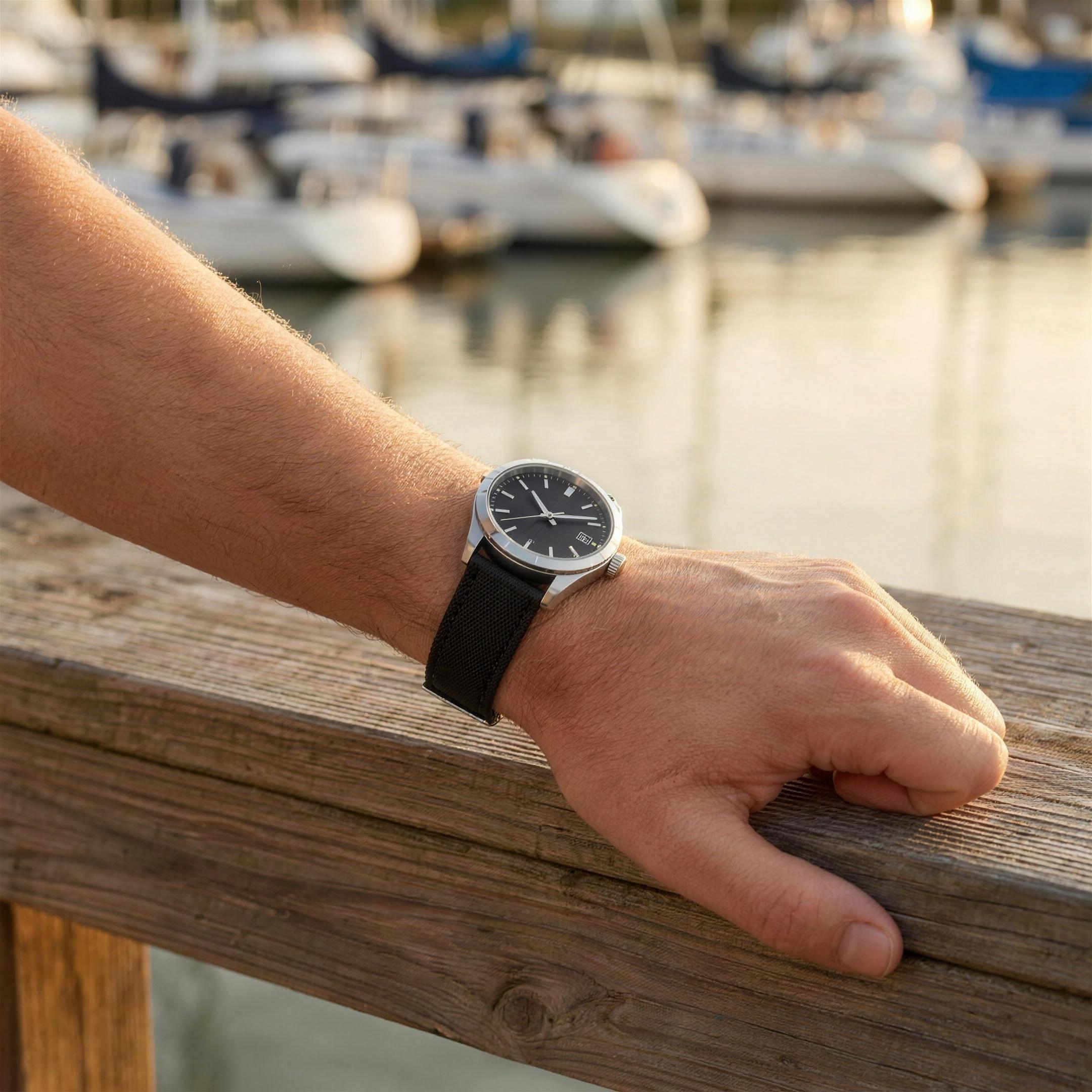Black woven sailcloth watch strap on a steel dress-sport watch at a boat dock